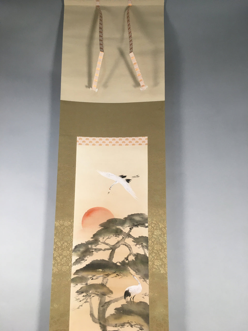 Japanese Hanging Scroll Vtg Kakejiku Kakemono Painting Crane Rising Sun SC572