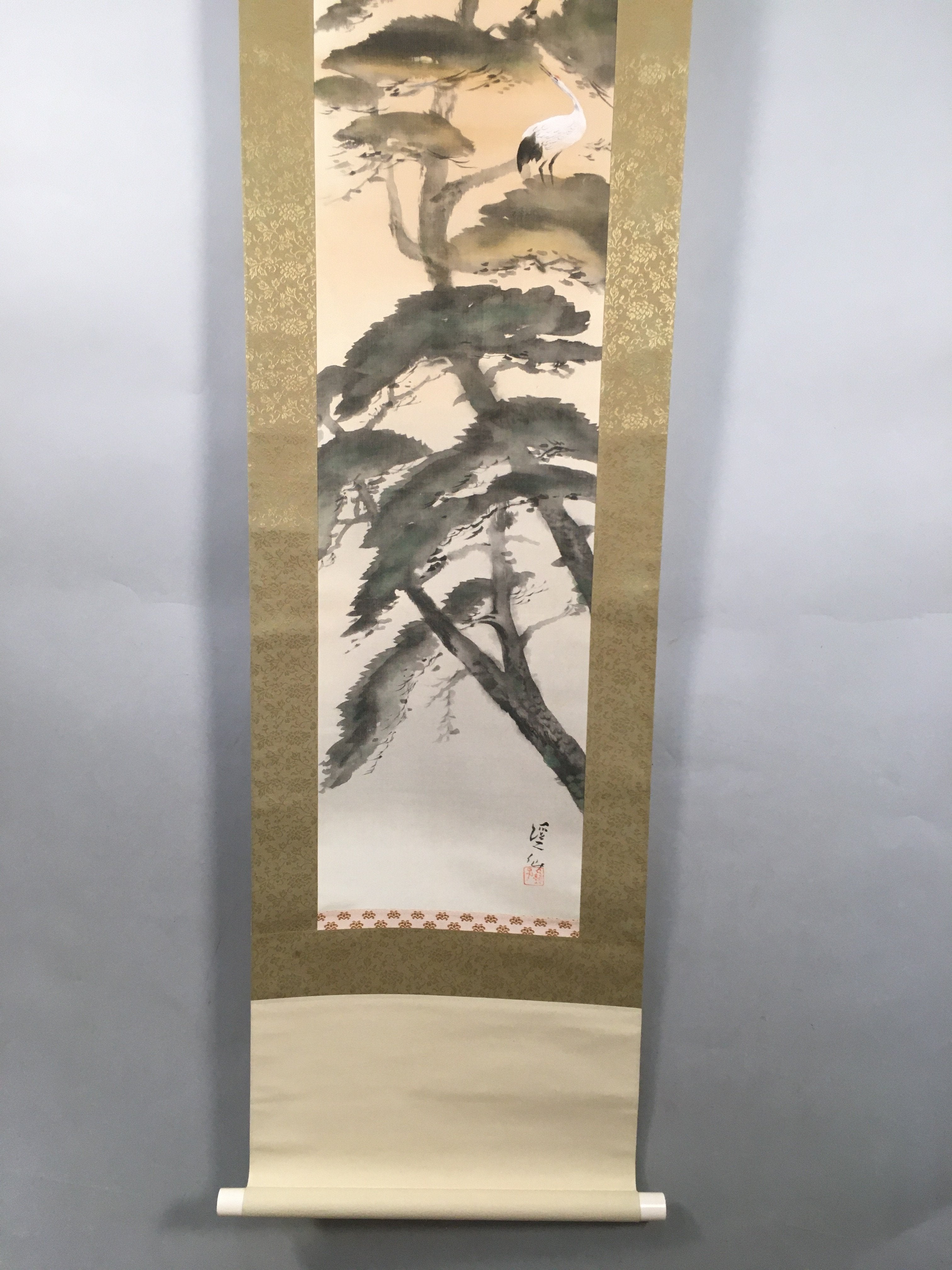 Japanese Hanging Scroll Vtg Kakejiku Kakemono Painting Crane Rising Sun SC572