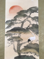 Japanese Hanging Scroll Vtg Kakejiku Kakemono Painting Crane Rising Sun SC572