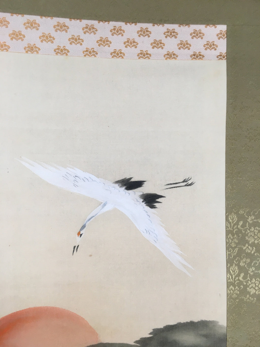 Japanese Hanging Scroll Vtg Kakejiku Kakemono Painting Crane Rising Sun SC572