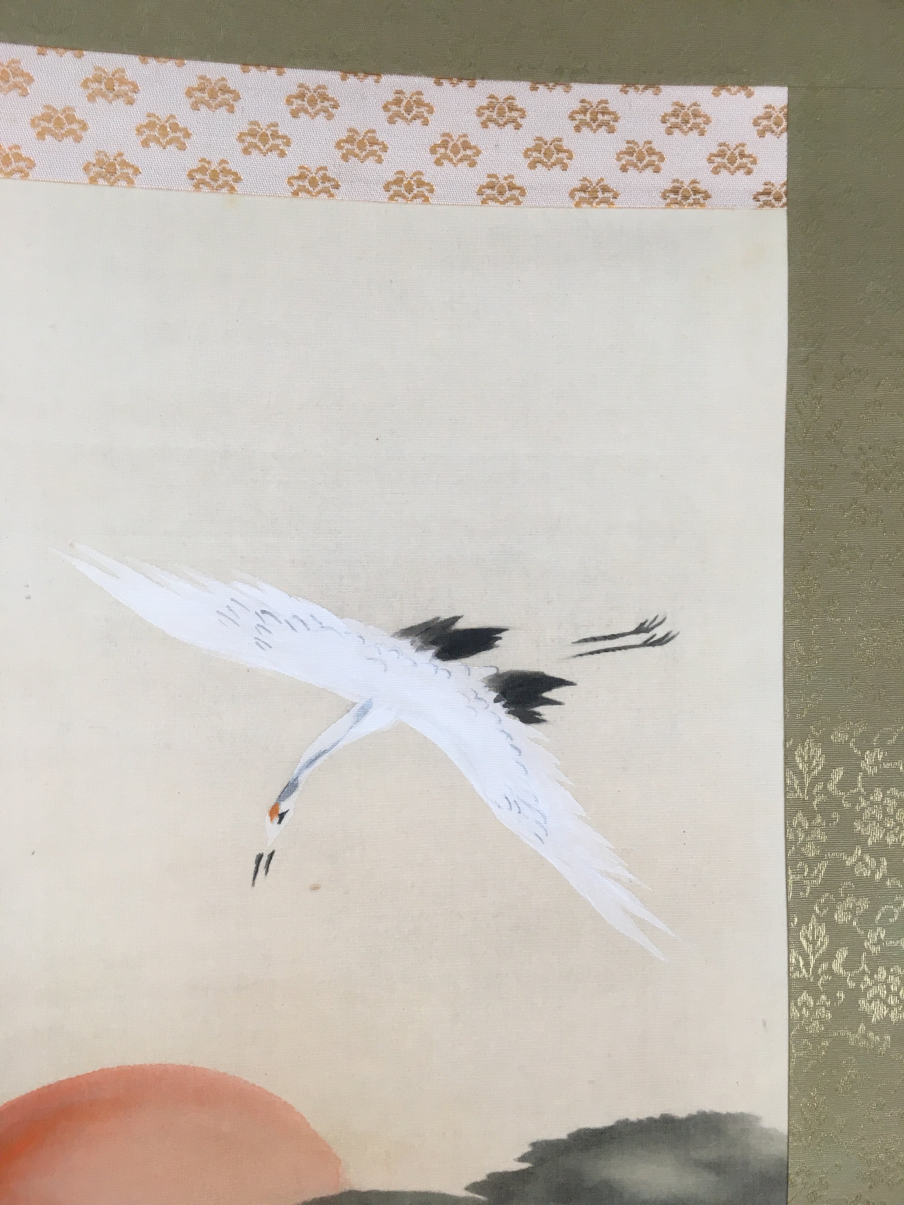 Japanese Hanging Scroll Vtg Kakejiku Kakemono Painting Crane Rising Sun SC572