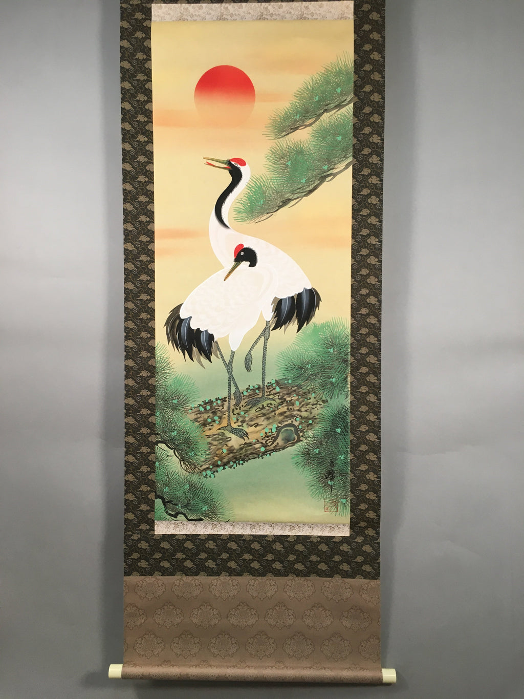 Japanese Hanging Scroll Vtg Kakejiku Kakemono Painting Crane Rising Sun SC573
