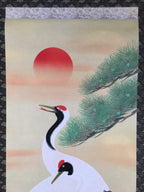Japanese Hanging Scroll Vtg Kakejiku Kakemono Painting Crane Rising Sun SC573