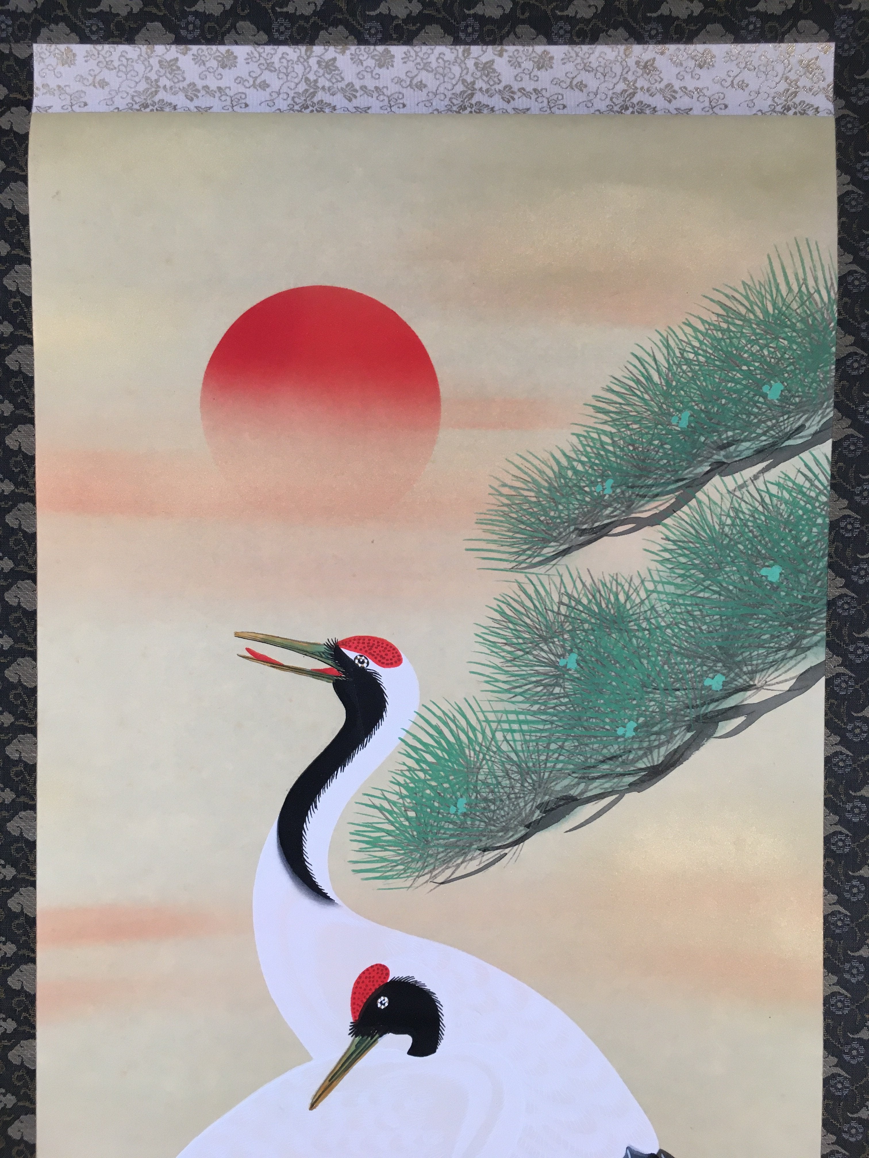 Japanese Hanging Scroll Vtg Kakejiku Kakemono Painting Crane Rising Sun SC573