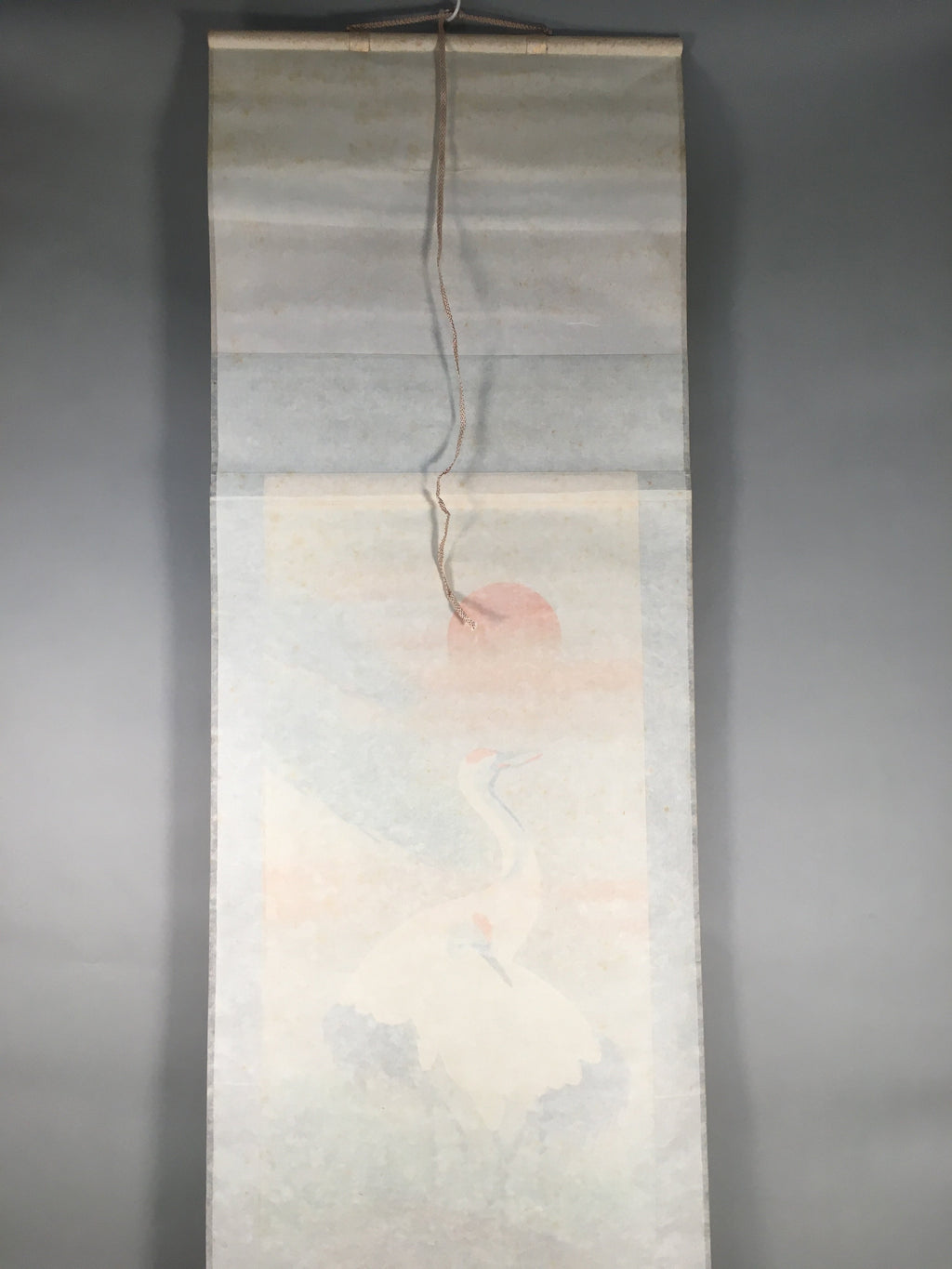 Japanese Hanging Scroll Vtg Kakejiku Kakemono Painting Crane Rising Sun SC573