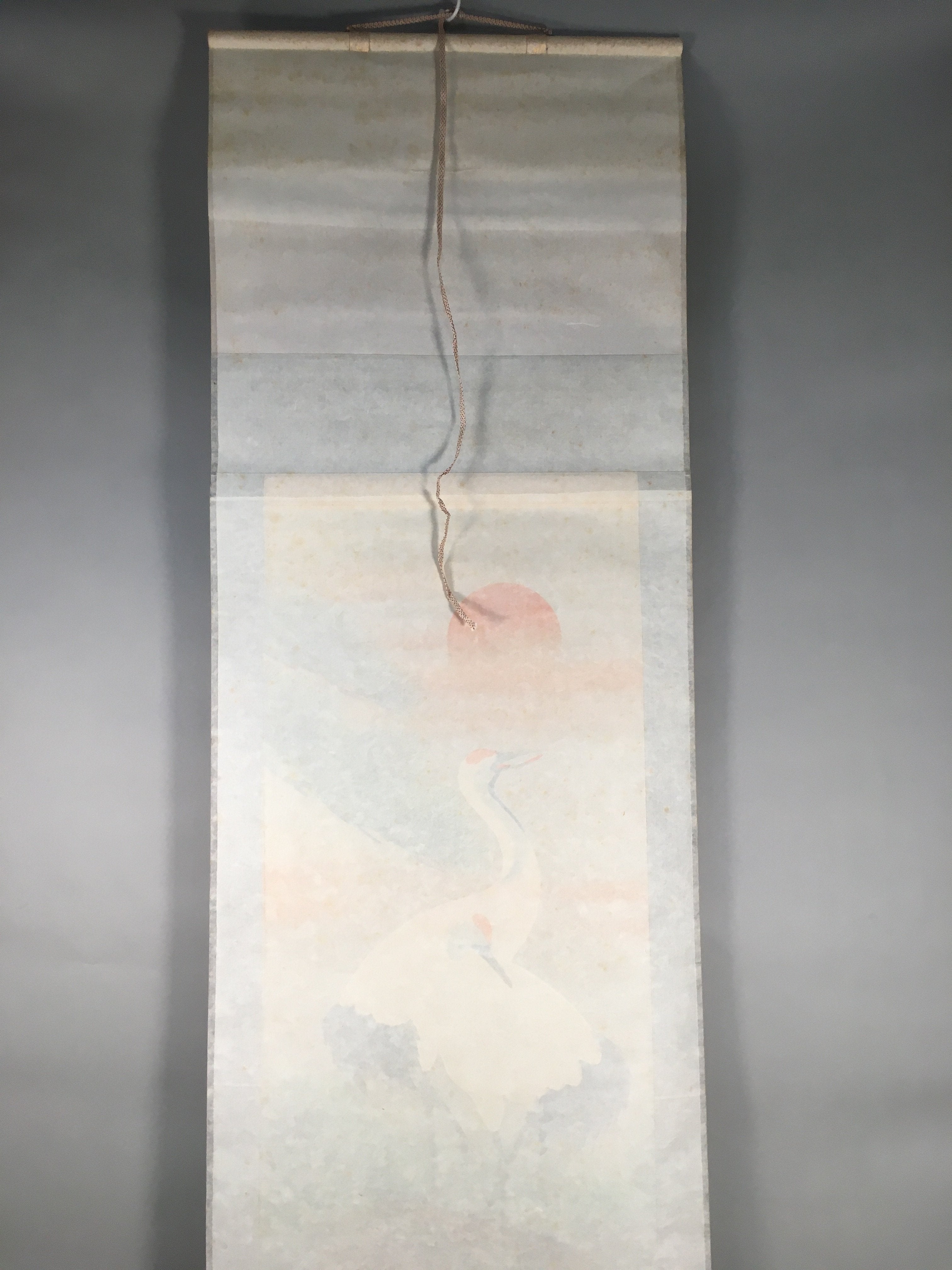 Japanese Hanging Scroll Vtg Kakejiku Kakemono Painting Crane Rising Sun SC573