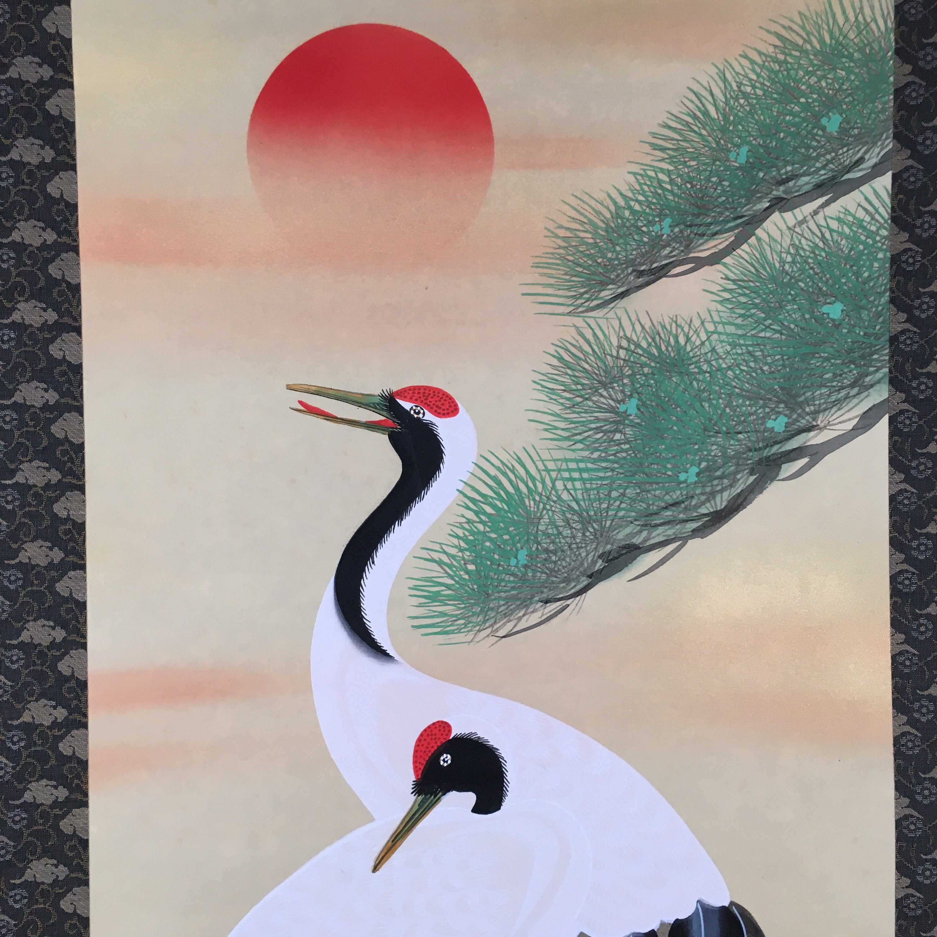 Japanese Hanging Scroll Vtg Kakejiku Kakemono Painting Crane Rising Sun SC573