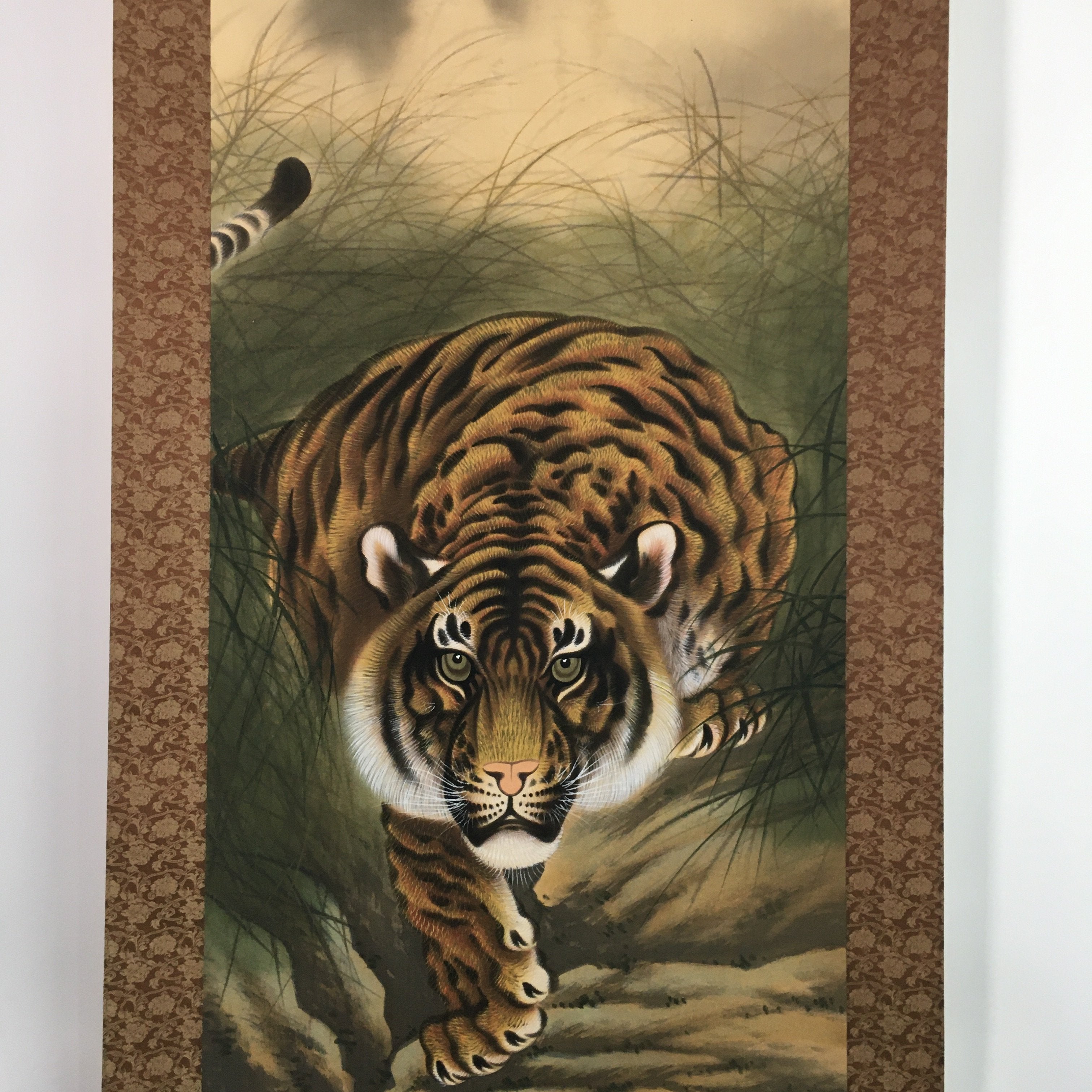 Japanese Hanging Scroll Vtg Kakejiku Kakemono Painting Dynamic Tiger SC651