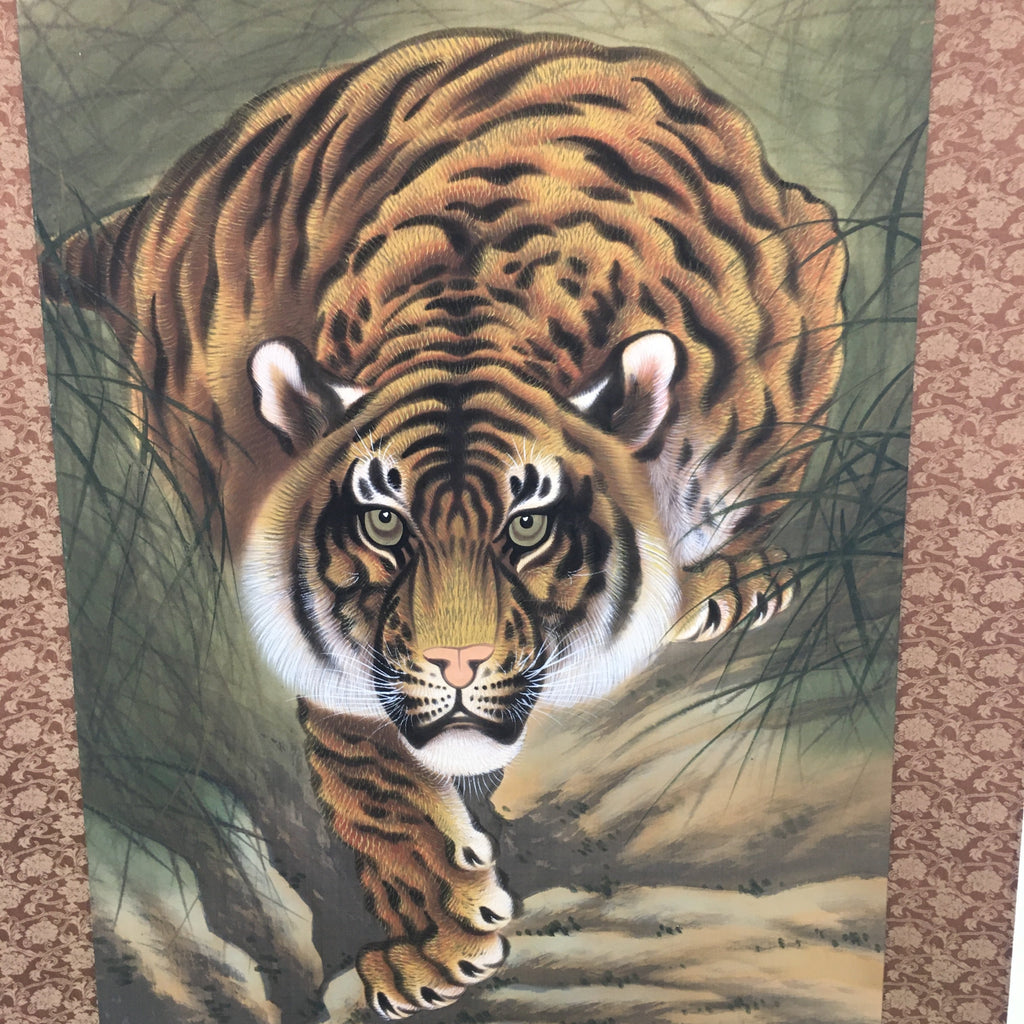 Japanese Hanging Scroll Vtg Kakejiku Kakemono Painting Dynamic Tiger SC651