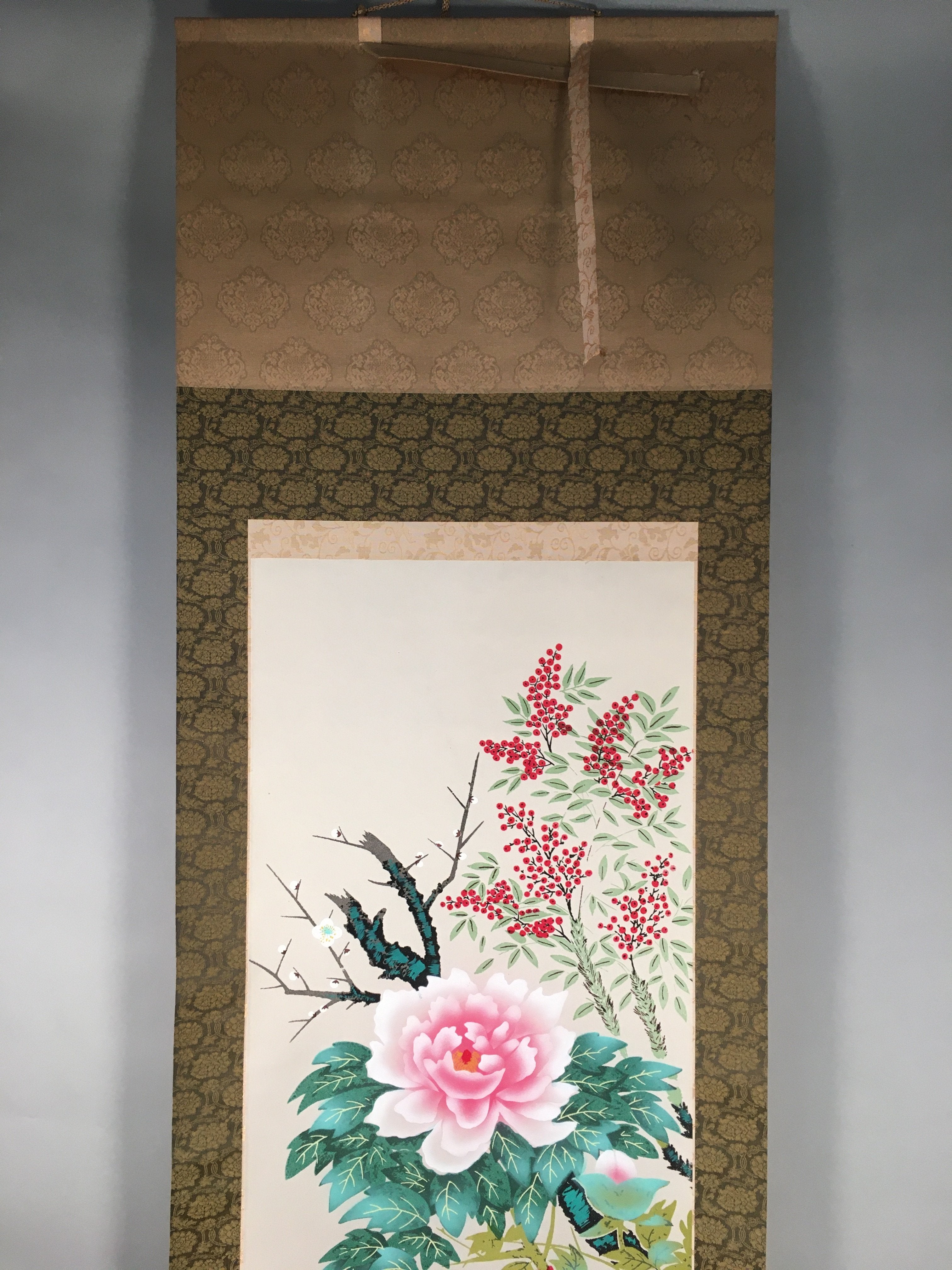 Japanese Hanging Scroll Vtg Kakejiku Kakemono Painting Flower Season SC577