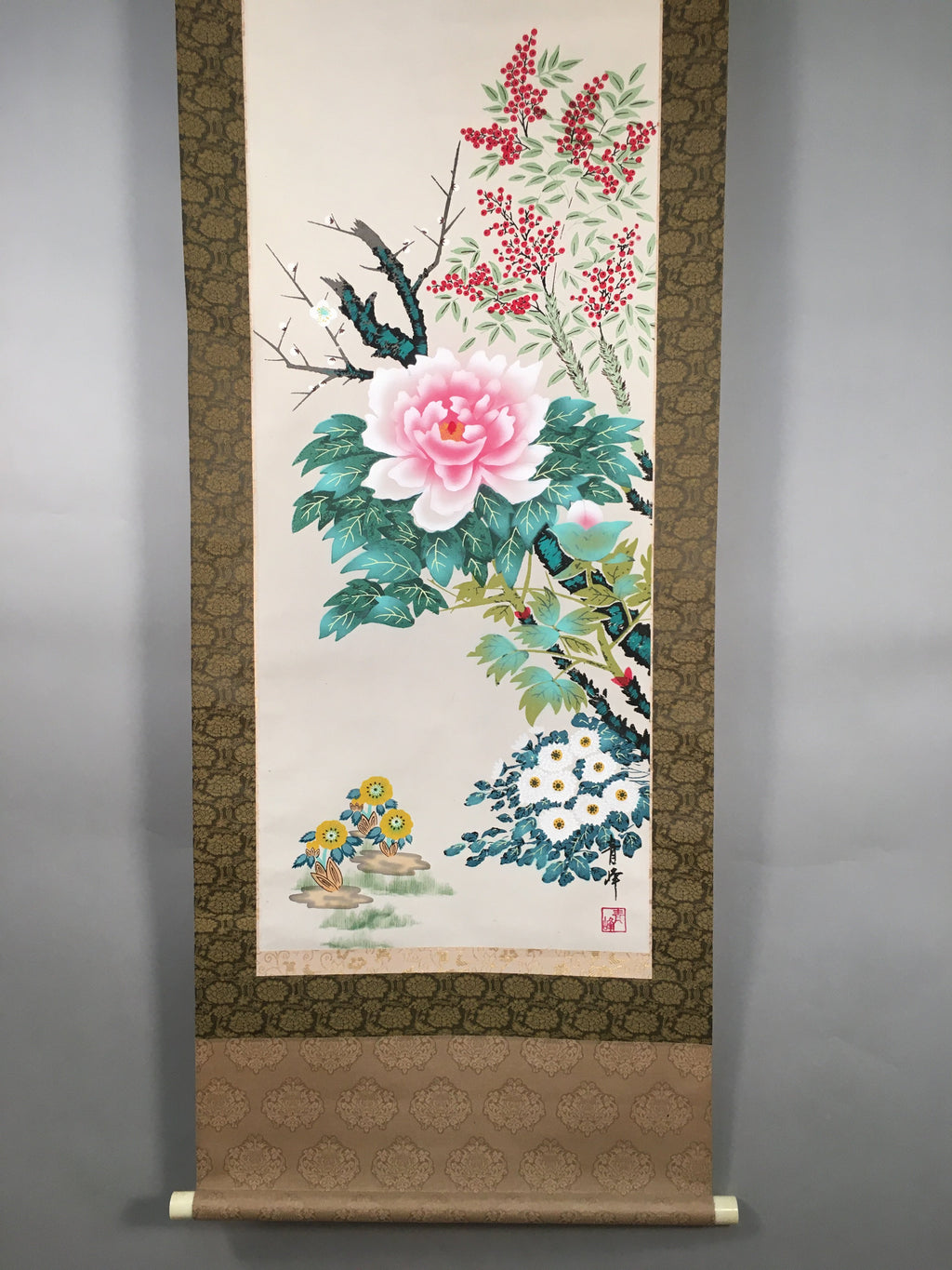 Japanese Hanging Scroll Vtg Kakejiku Kakemono Painting Flower Season SC577