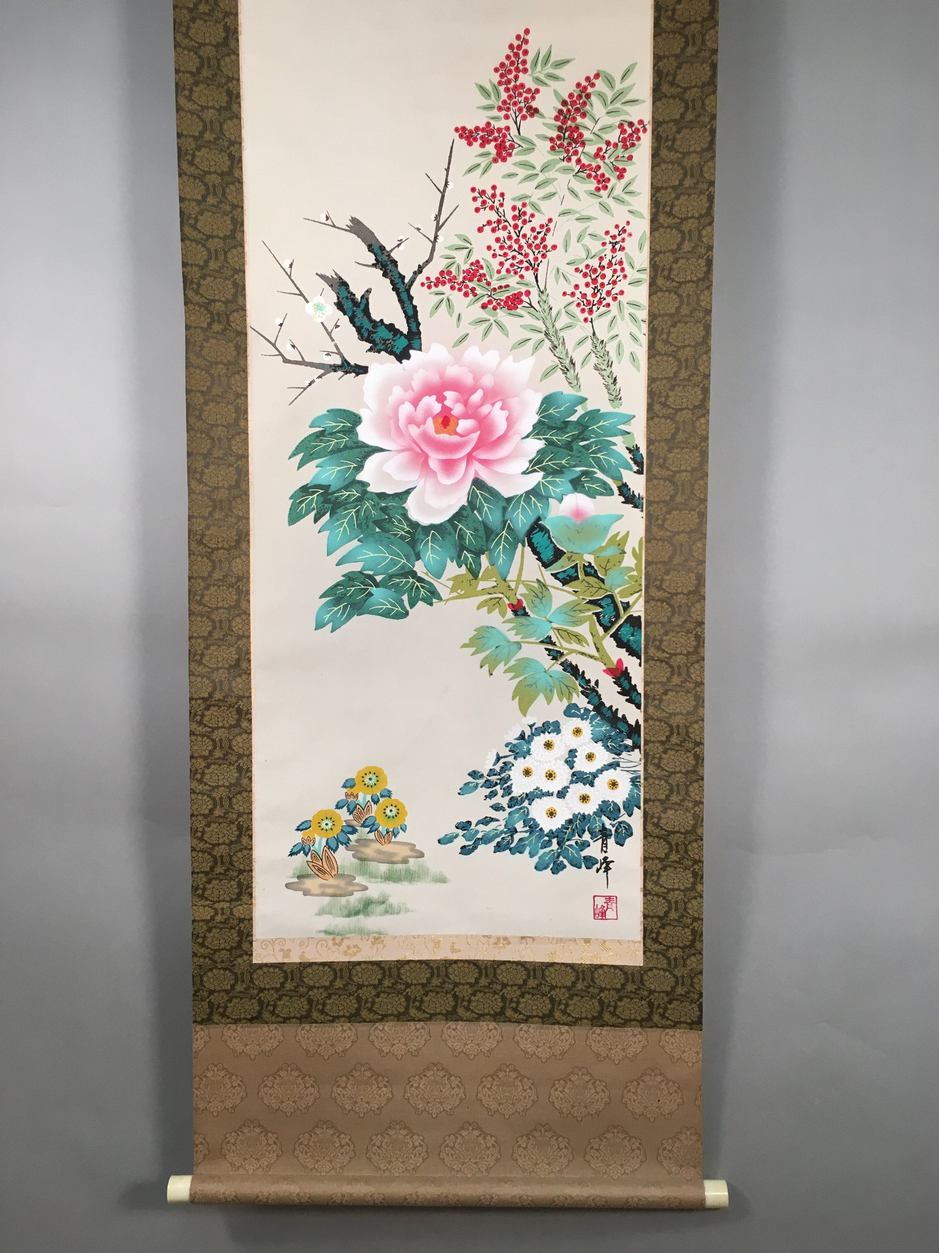 Japanese Hanging Scroll Vtg Kakejiku Kakemono Painting Flower Season SC577