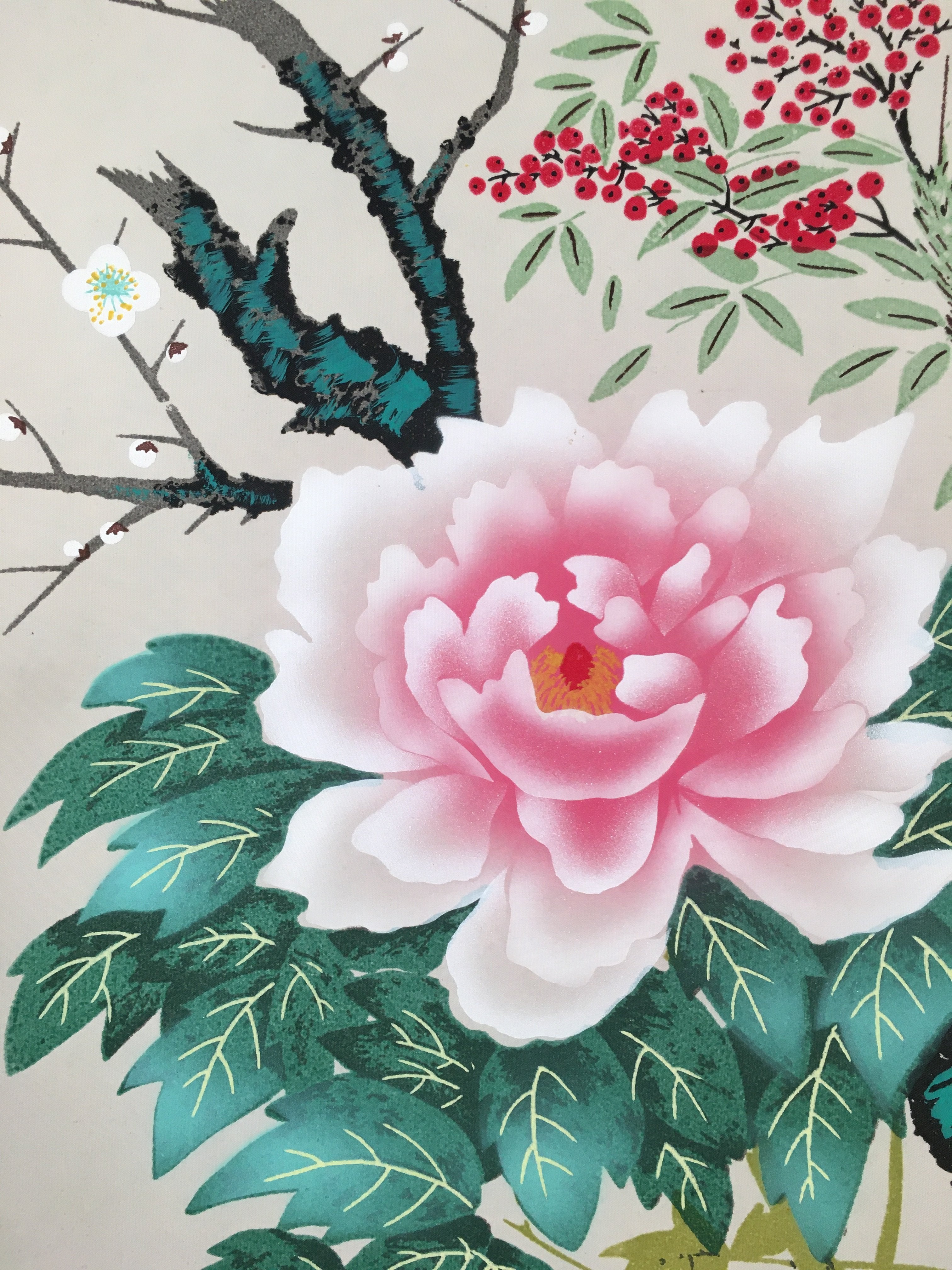 Japanese Hanging Scroll Vtg Kakejiku Kakemono Painting Flower Season SC577