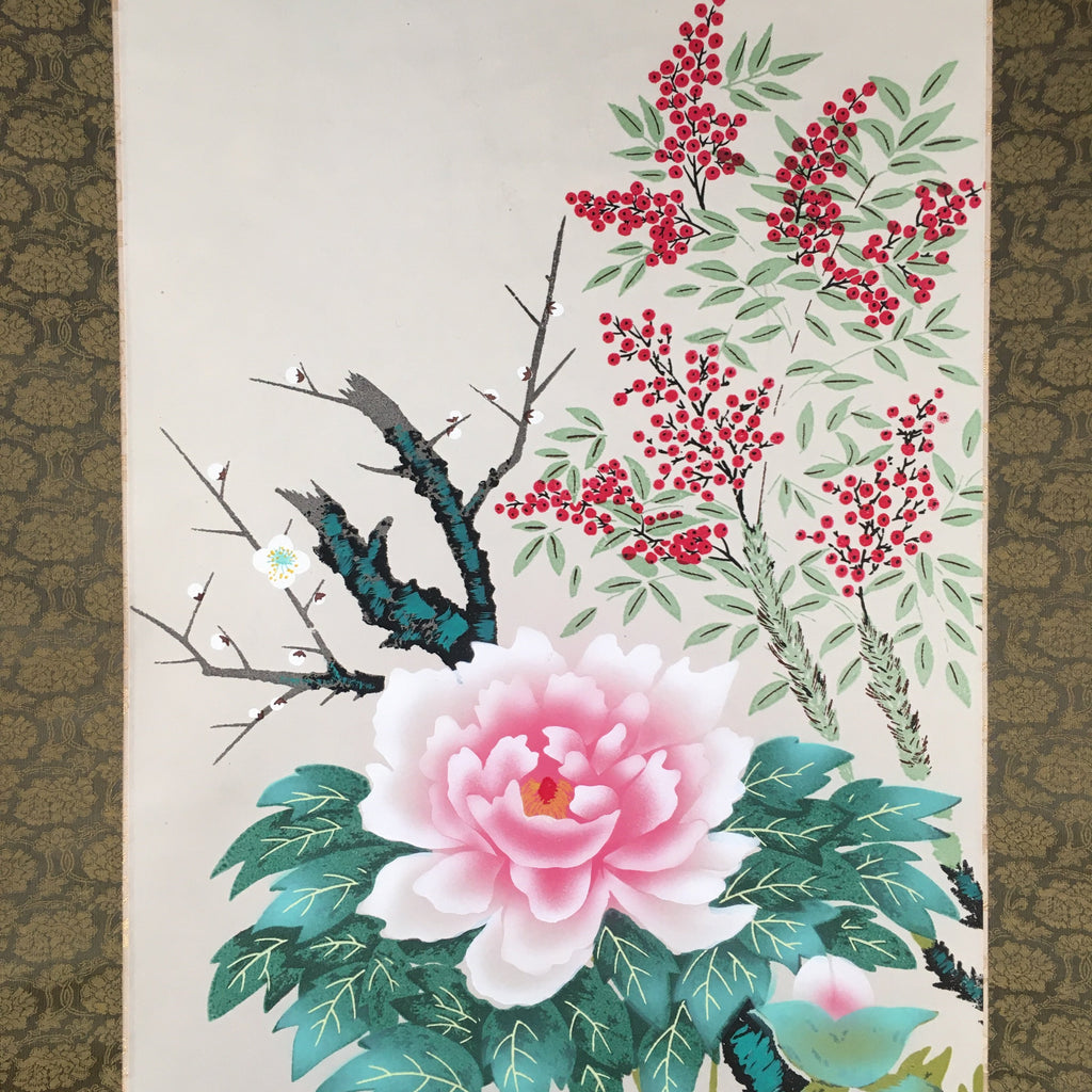 Japanese Hanging Scroll Vtg Kakejiku Kakemono Painting Flower Season SC577