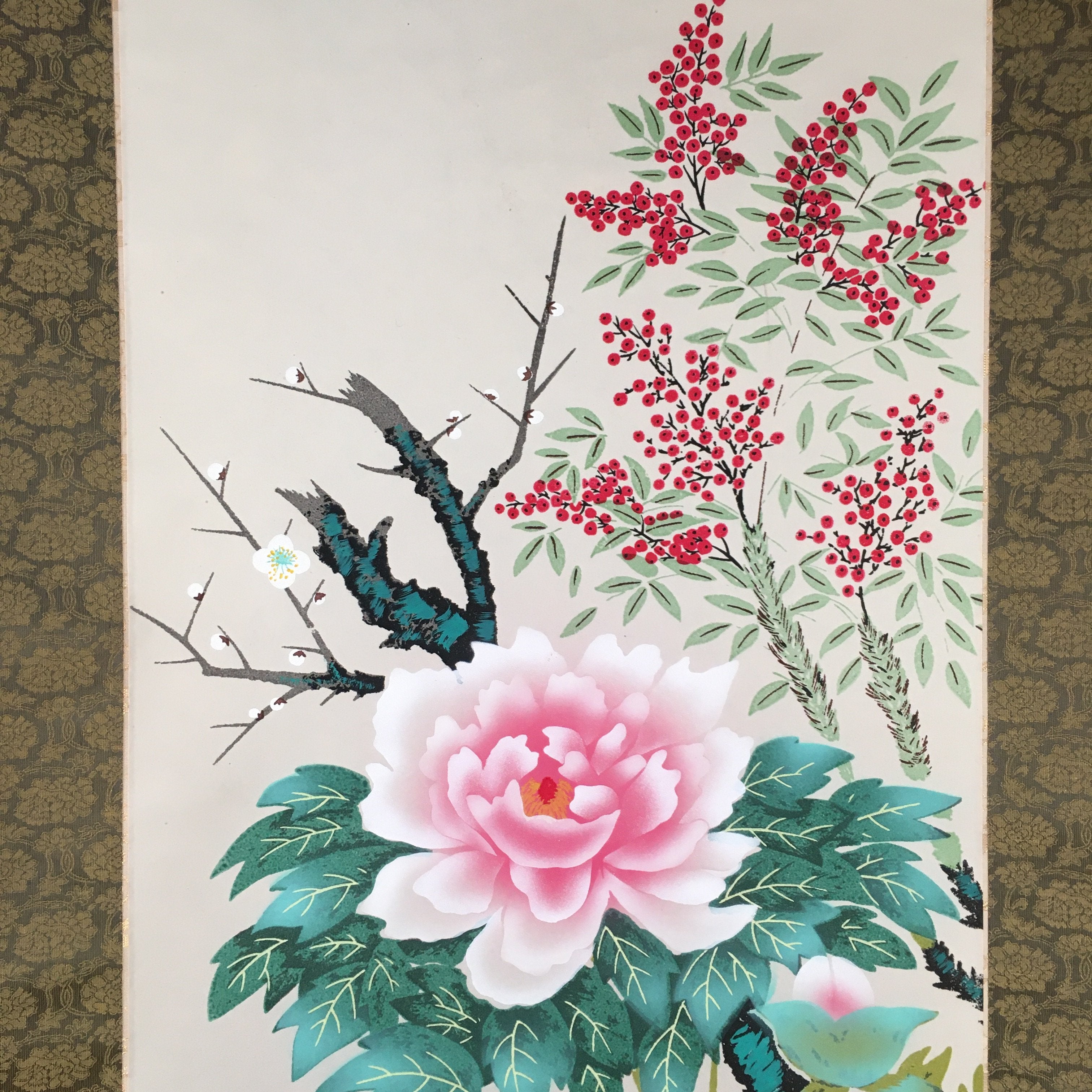 Japanese Hanging Scroll Vtg Kakejiku Kakemono Painting Flower Season SC577