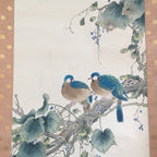 Japanese Hanging Scroll Vtg Kakejiku Kakemono Painting Grapes Birds SC676