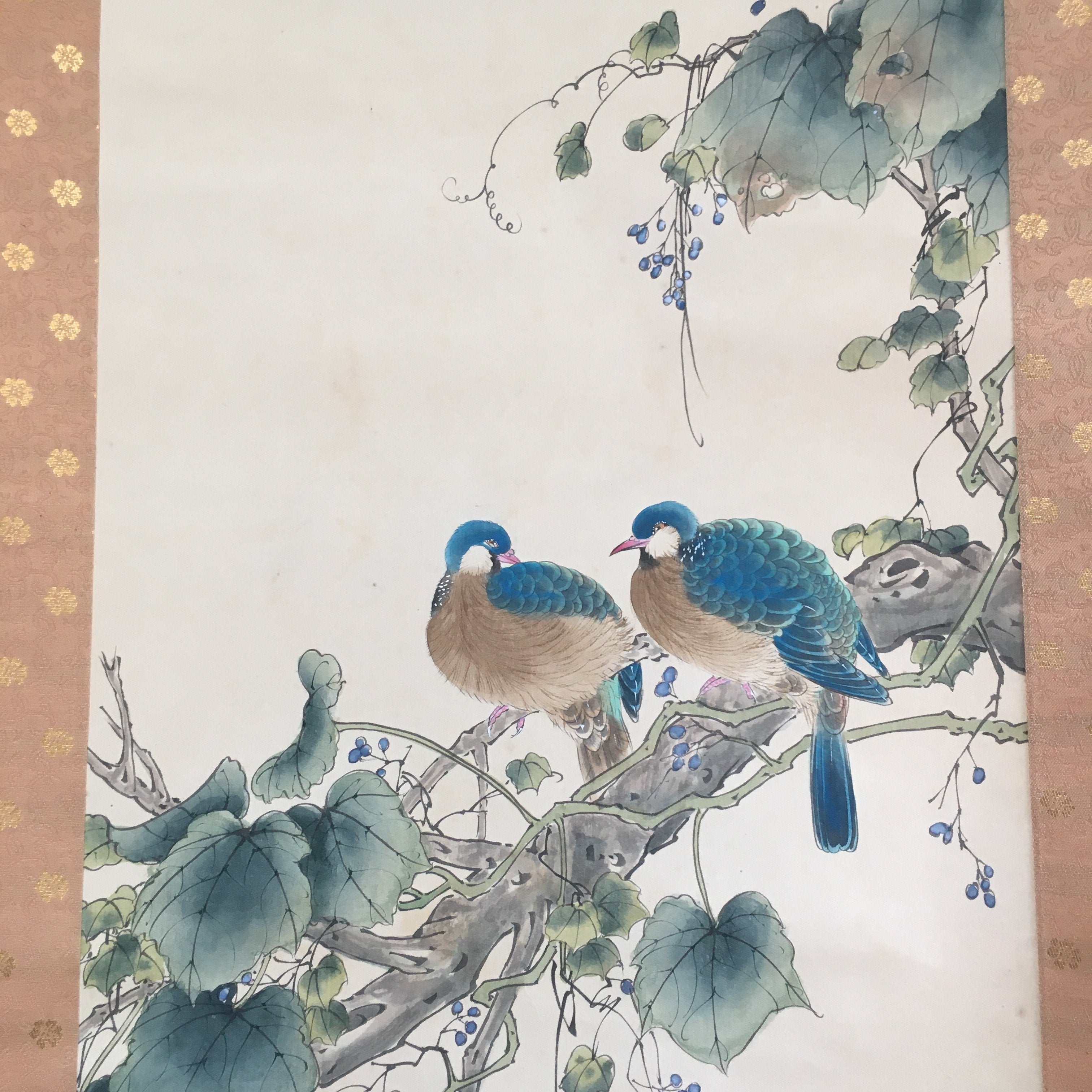 Japanese Hanging Scroll Vtg Kakejiku Kakemono Painting Grapes Birds SC676