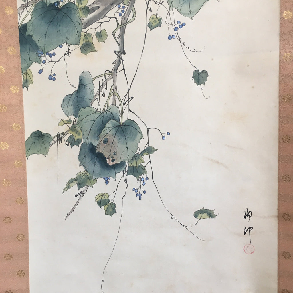 Japanese Hanging Scroll Vtg Kakejiku Kakemono Painting Grapes Birds SC676