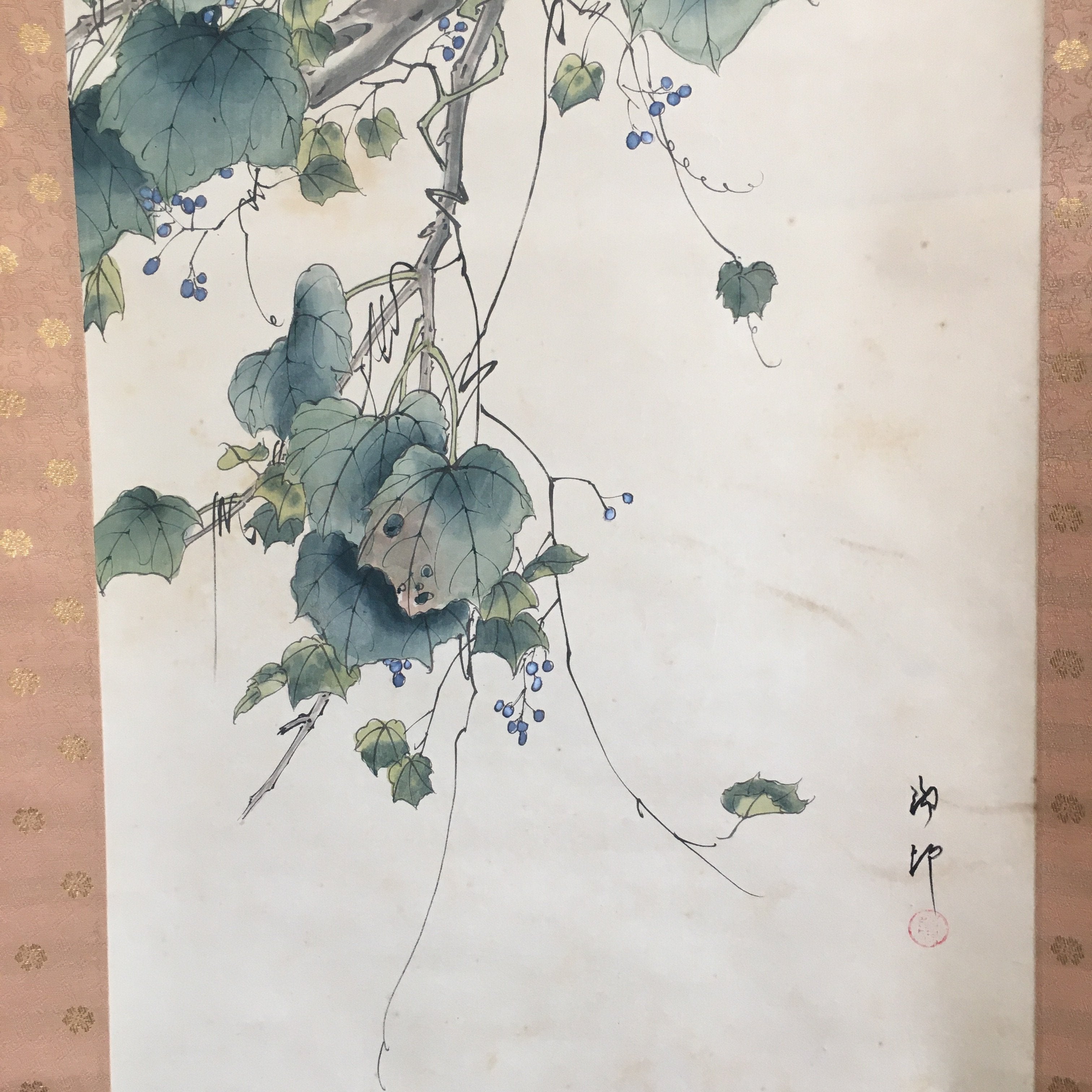 Japanese Hanging Scroll Vtg Kakejiku Kakemono Painting Grapes Birds SC676