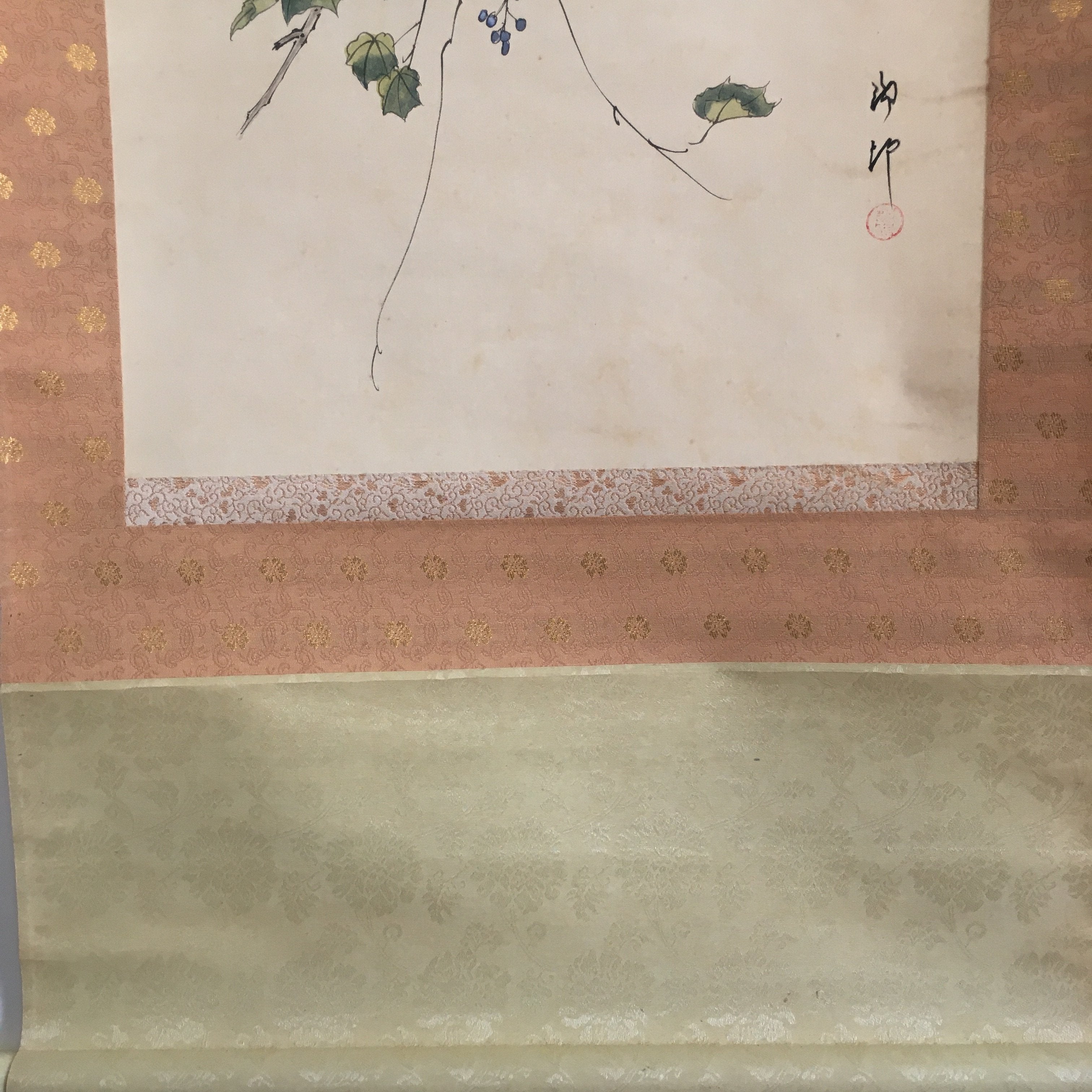 Japanese Hanging Scroll Vtg Kakejiku Kakemono Painting Grapes Birds SC676
