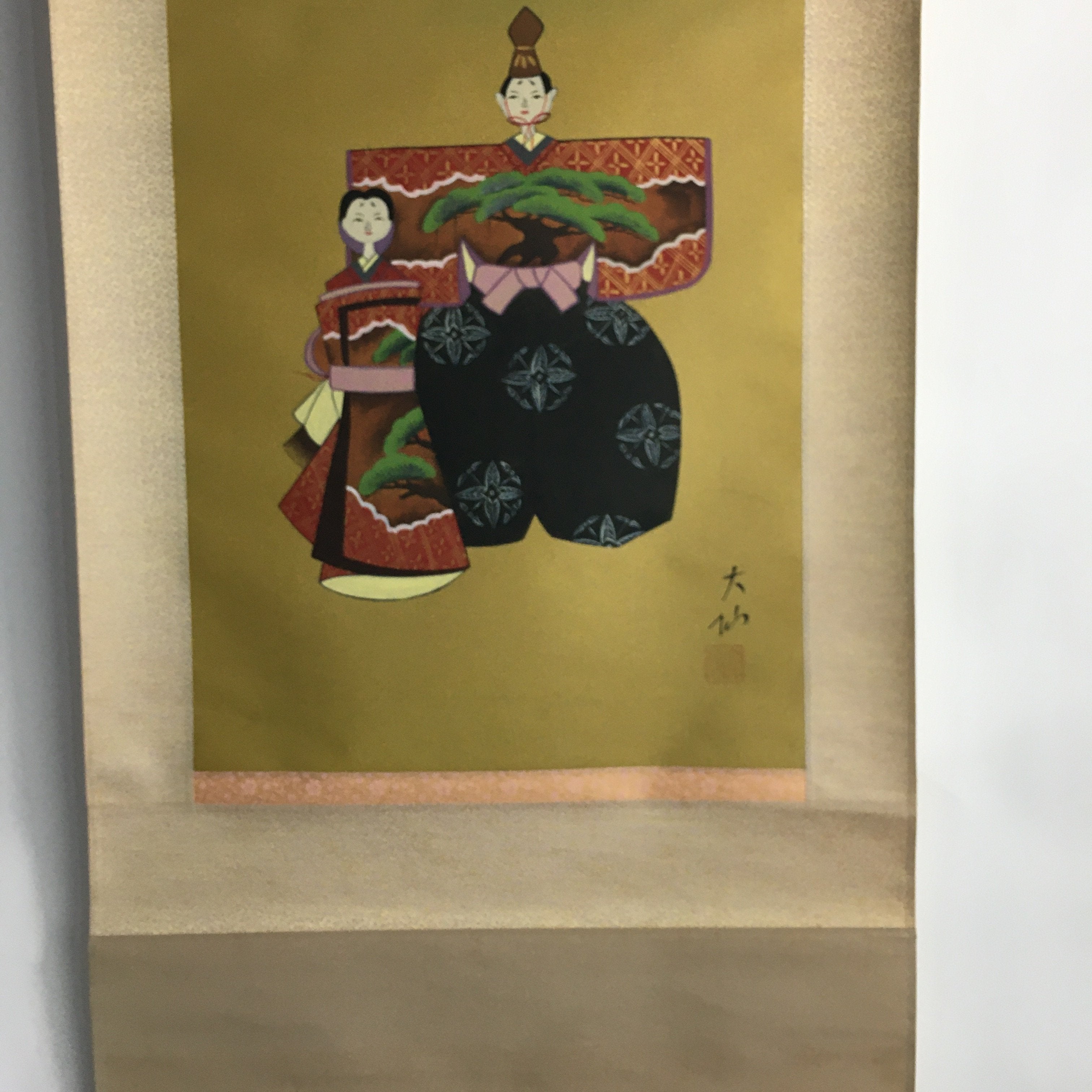 Japanese Hanging Scroll Vtg Kakejiku Kakemono Painting Hina Doll Gold SC655