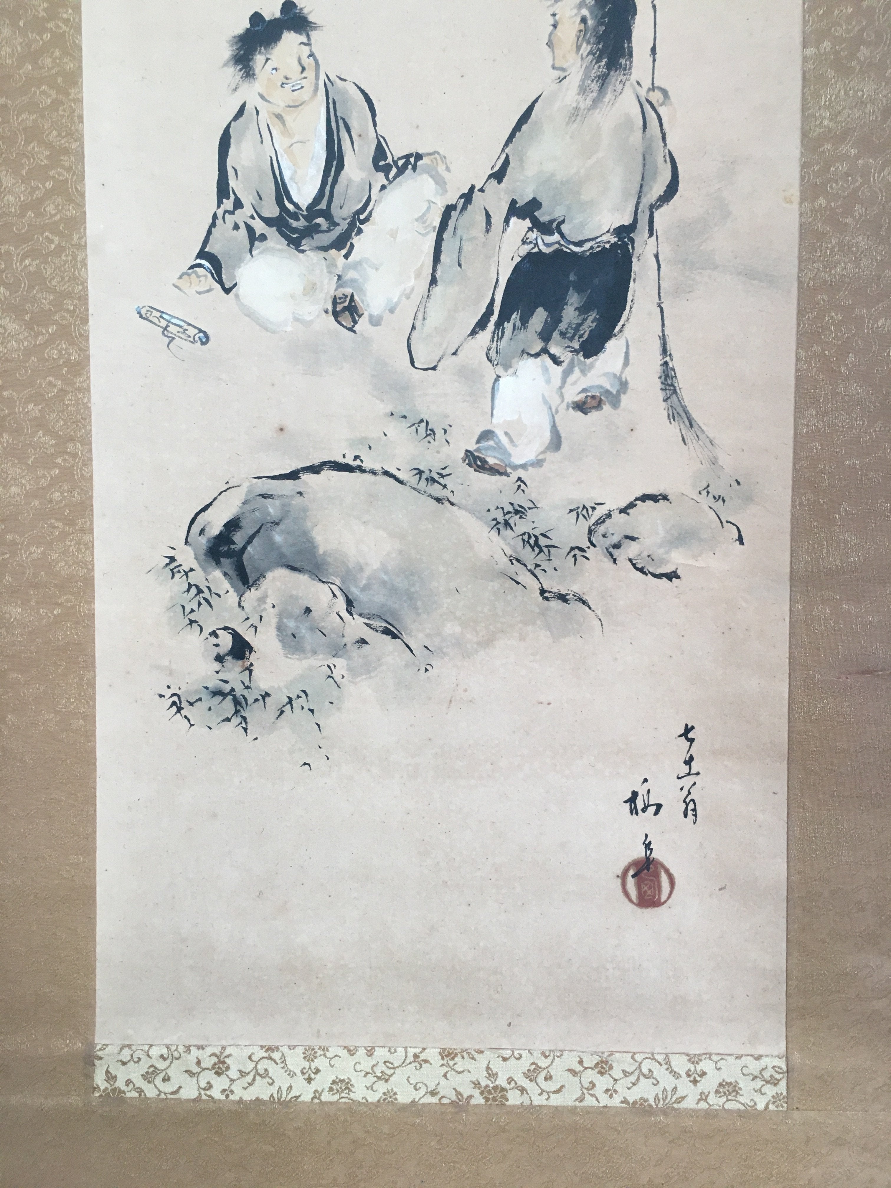 Japanese Hanging Scroll Vtg Kakejiku Kakemono Painting Men Cleaning SC678