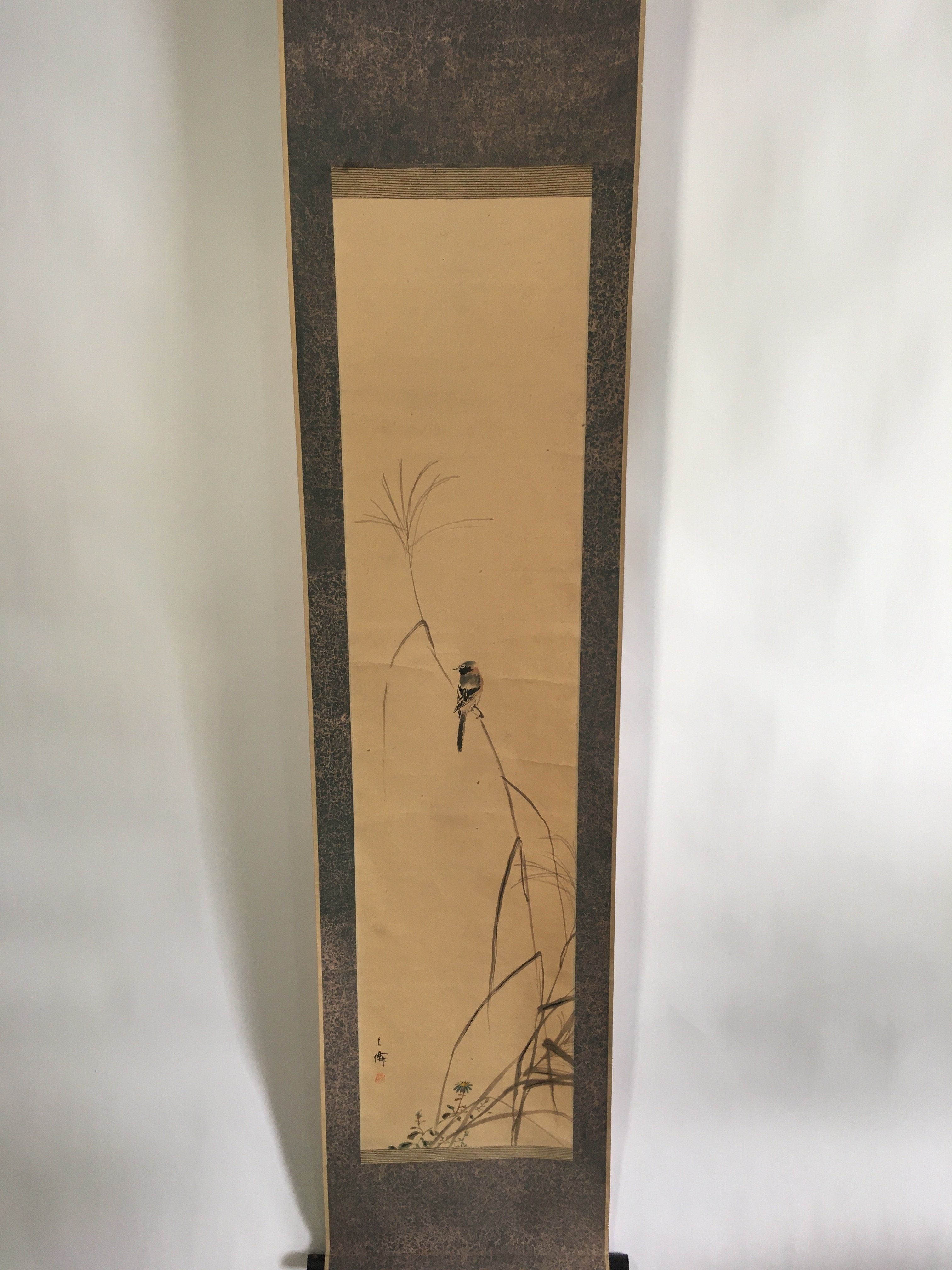 Japanese Hanging Scroll Vtg Kakejiku Kakemono Painting Miscanthus Bird SC680