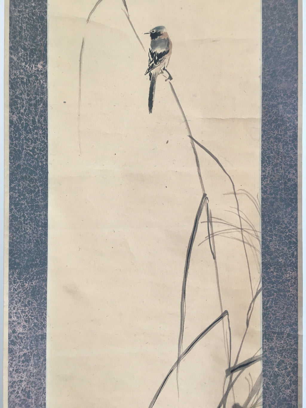 Japanese Hanging Scroll Vtg Kakejiku Kakemono Painting Miscanthus Bird SC680