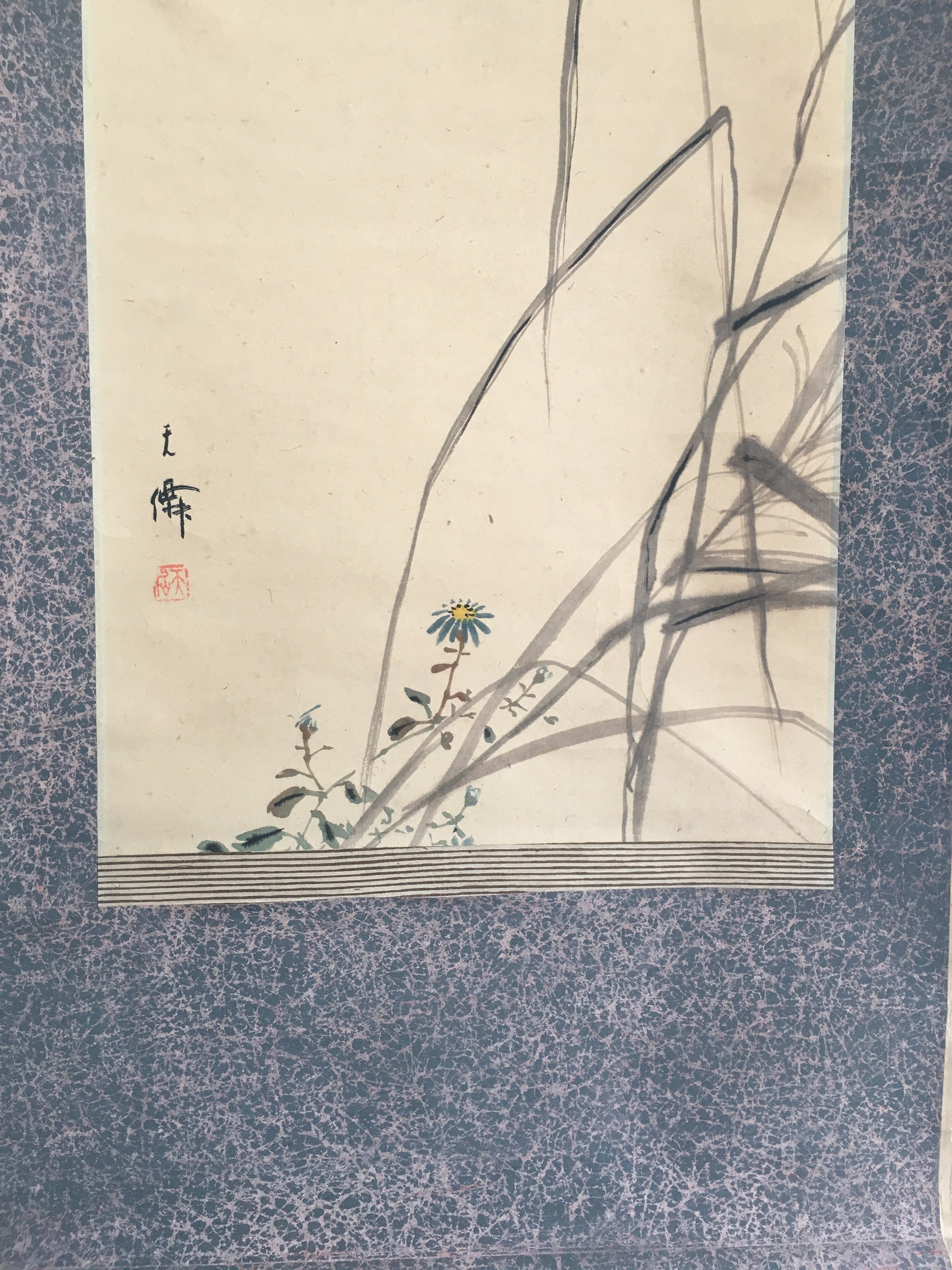 Japanese Hanging Scroll Vtg Kakejiku Kakemono Painting Miscanthus Bird SC680