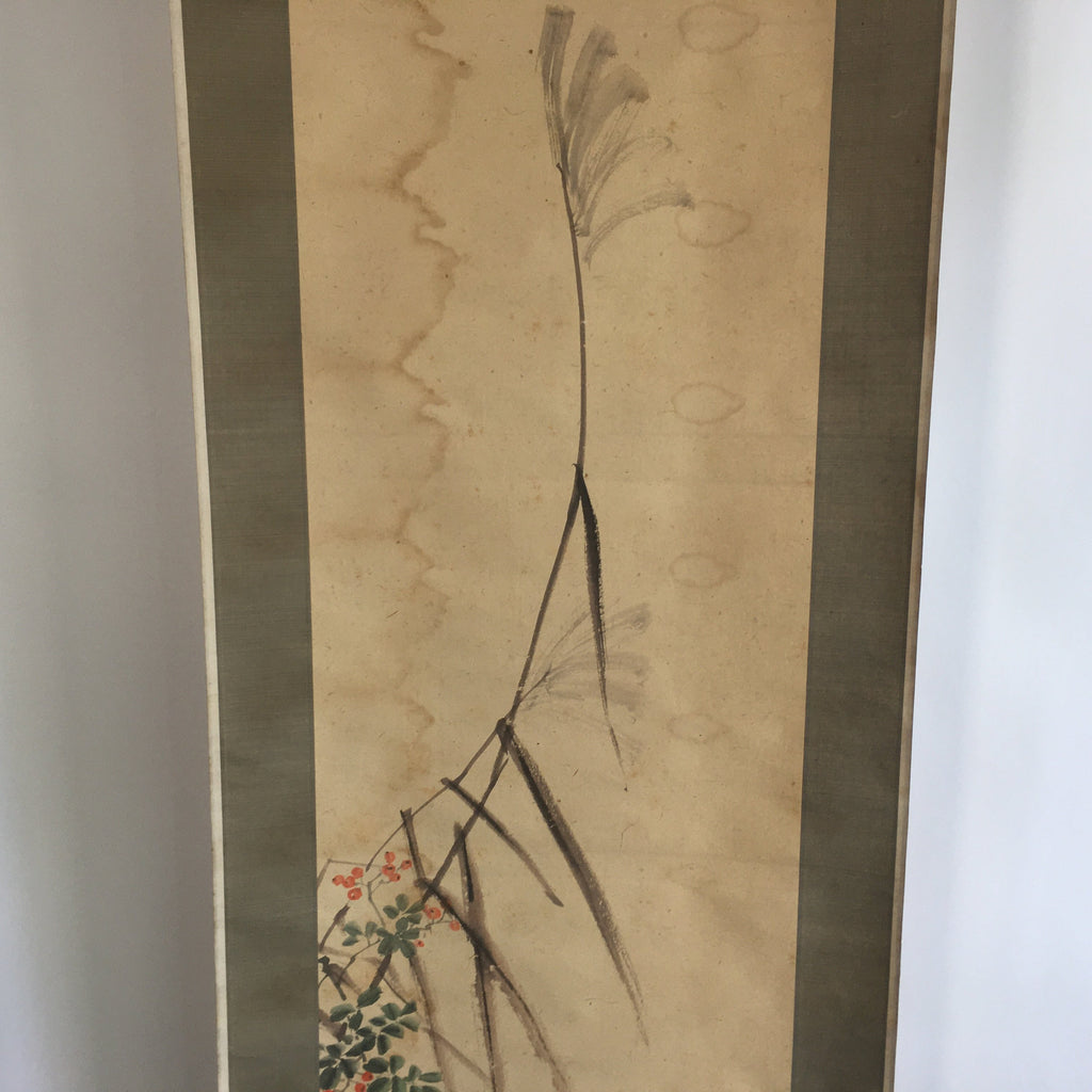 Japanese Hanging Scroll Vtg Kakejiku Kakemono Painting Miscanthus Duck SC642
