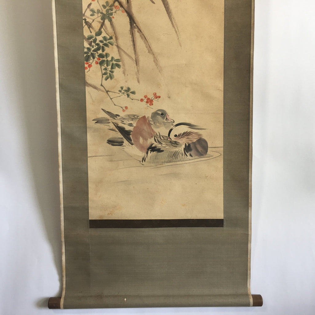 Japanese Hanging Scroll Vtg Kakejiku Kakemono Painting Miscanthus Duck SC642