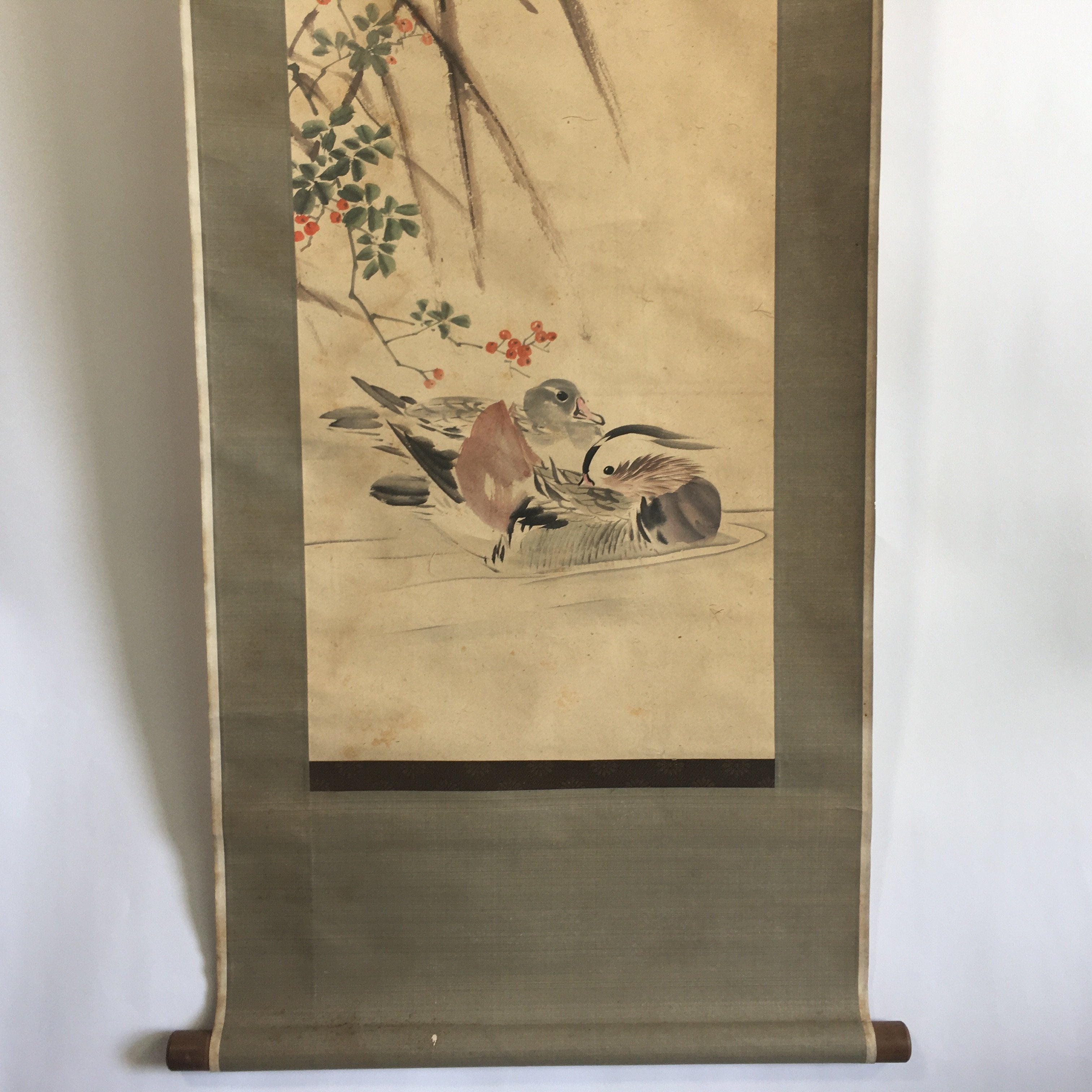 Japanese Hanging Scroll Vtg Kakejiku Kakemono Painting Miscanthus Duck SC642