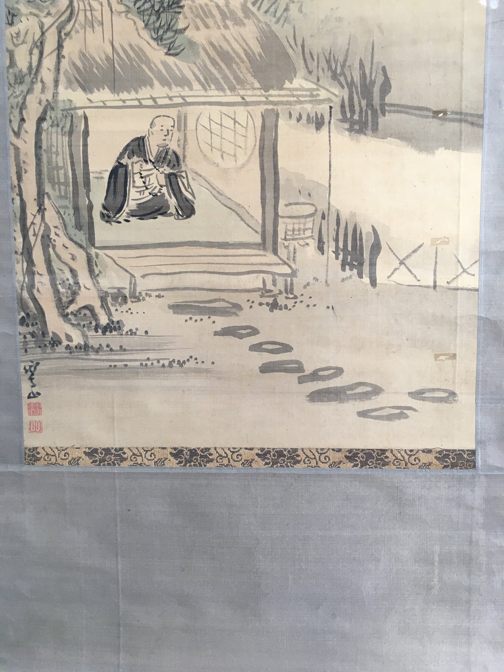 Japanese Hanging Scroll Vtg Kakejiku Kakemono Painting Monk Landscape SC690