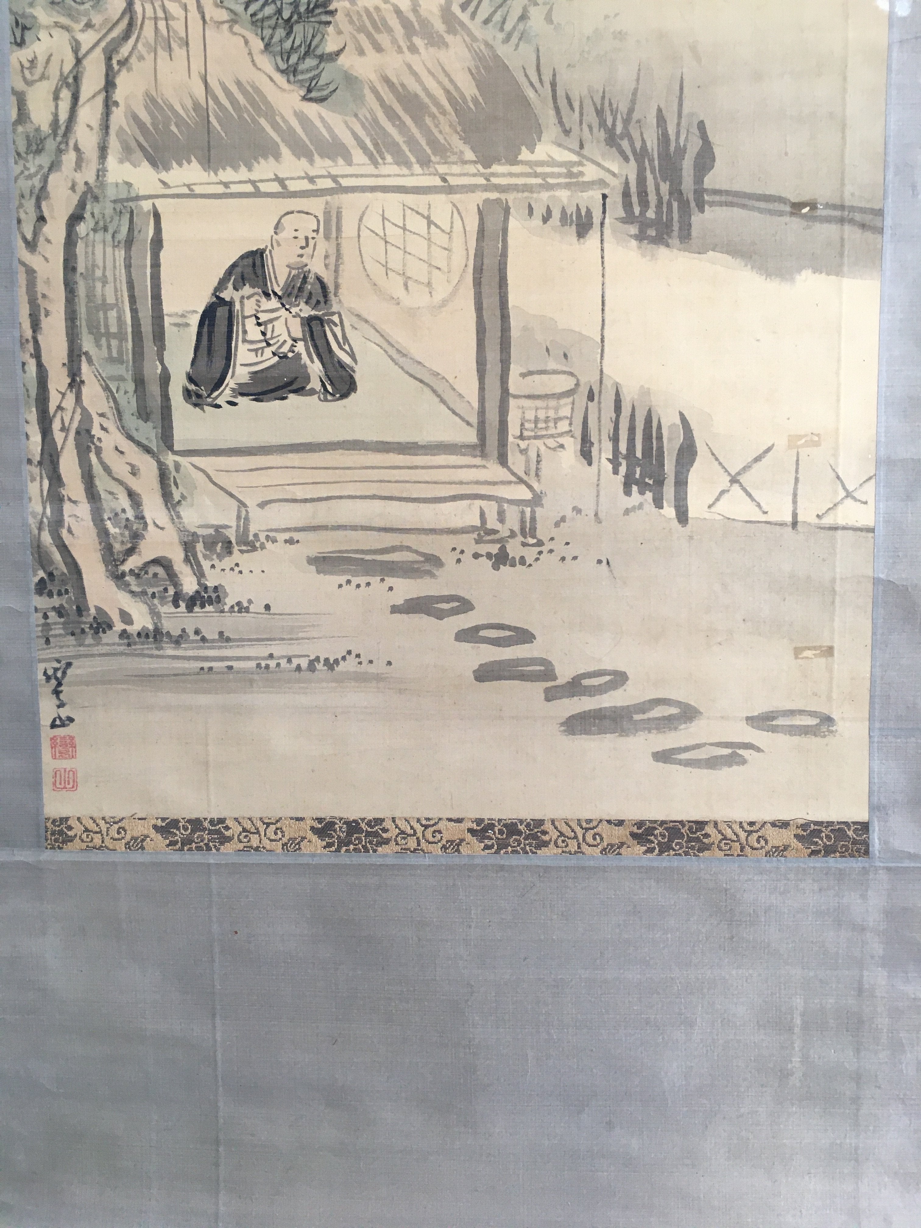 Japanese Hanging Scroll Vtg Kakejiku Kakemono Painting Monk Landscape SC690