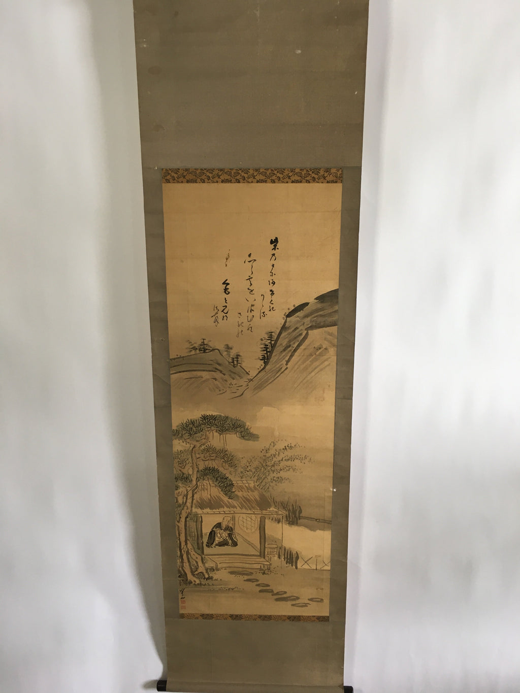 Japanese Hanging Scroll Vtg Kakejiku Kakemono Painting Monk Landscape SC690