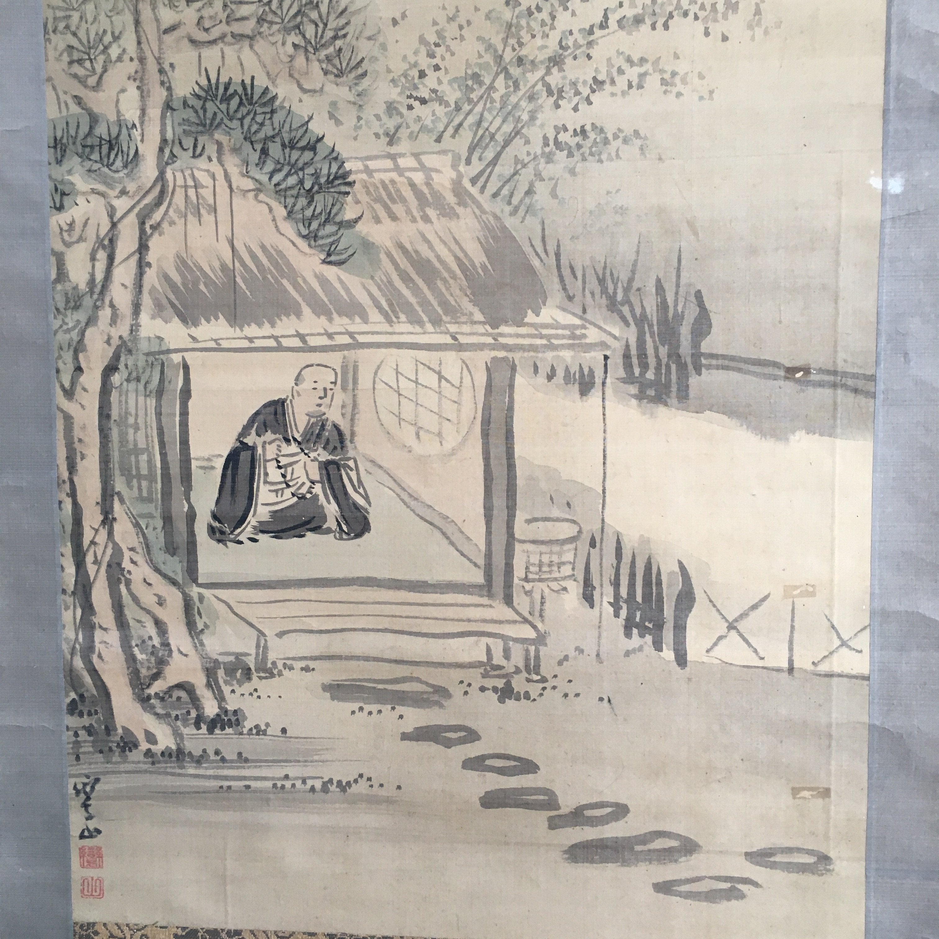 Japanese Hanging Scroll Vtg Kakejiku Kakemono Painting Monk Landscape SC690