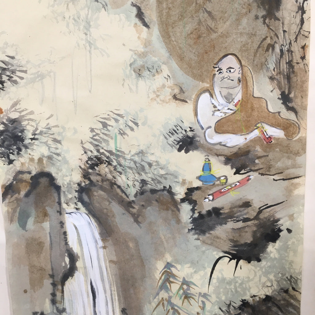 Japanese Hanging Scroll Vtg Kakejiku Kakemono Painting Monk Mountain SC605