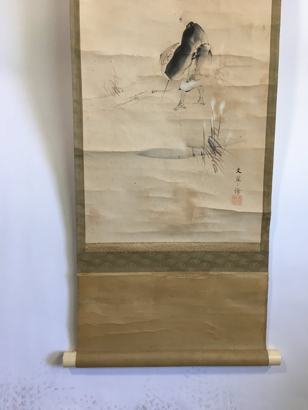 Japanese Hanging Scroll Vtg Kakejiku Kakemono Painting Mount Fuji Traveler SC62