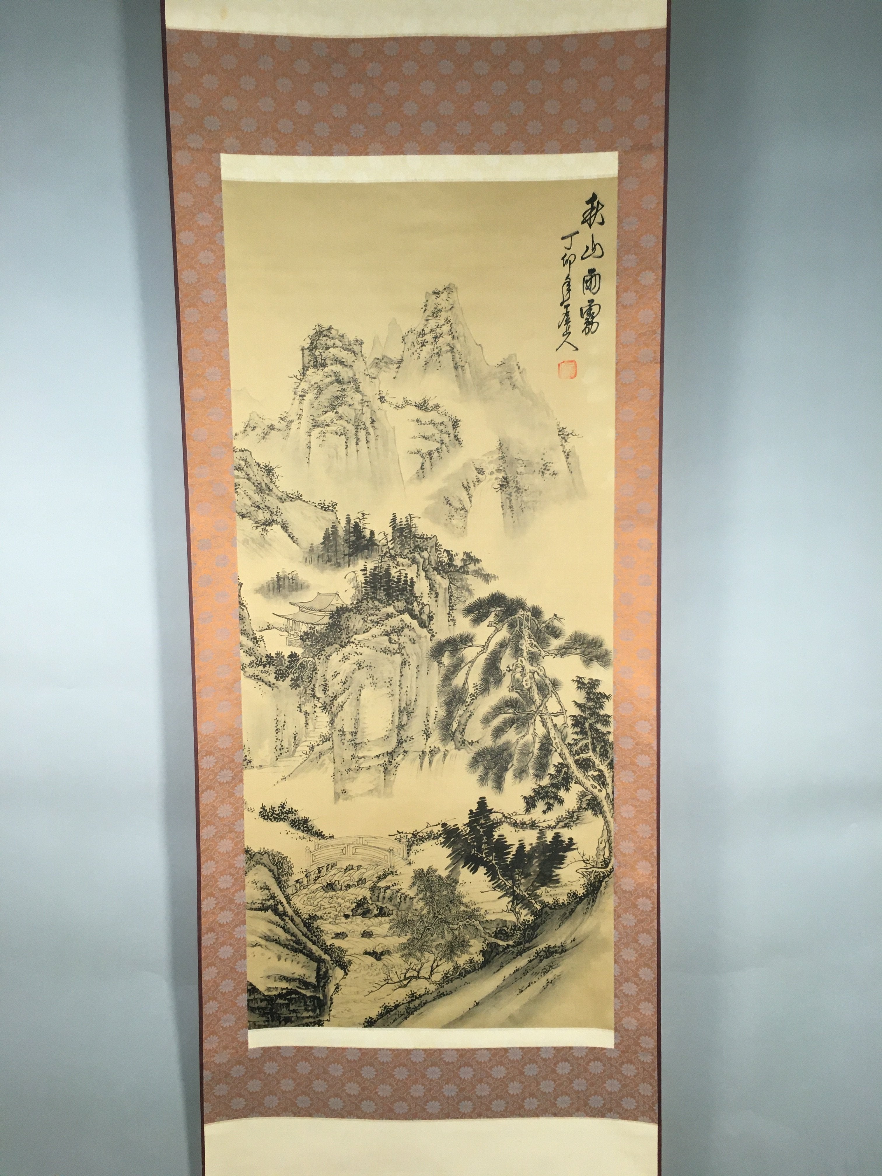 Japanese Hanging Scroll Vtg Kakejiku Kakemono Painting Mountain Black White SC58