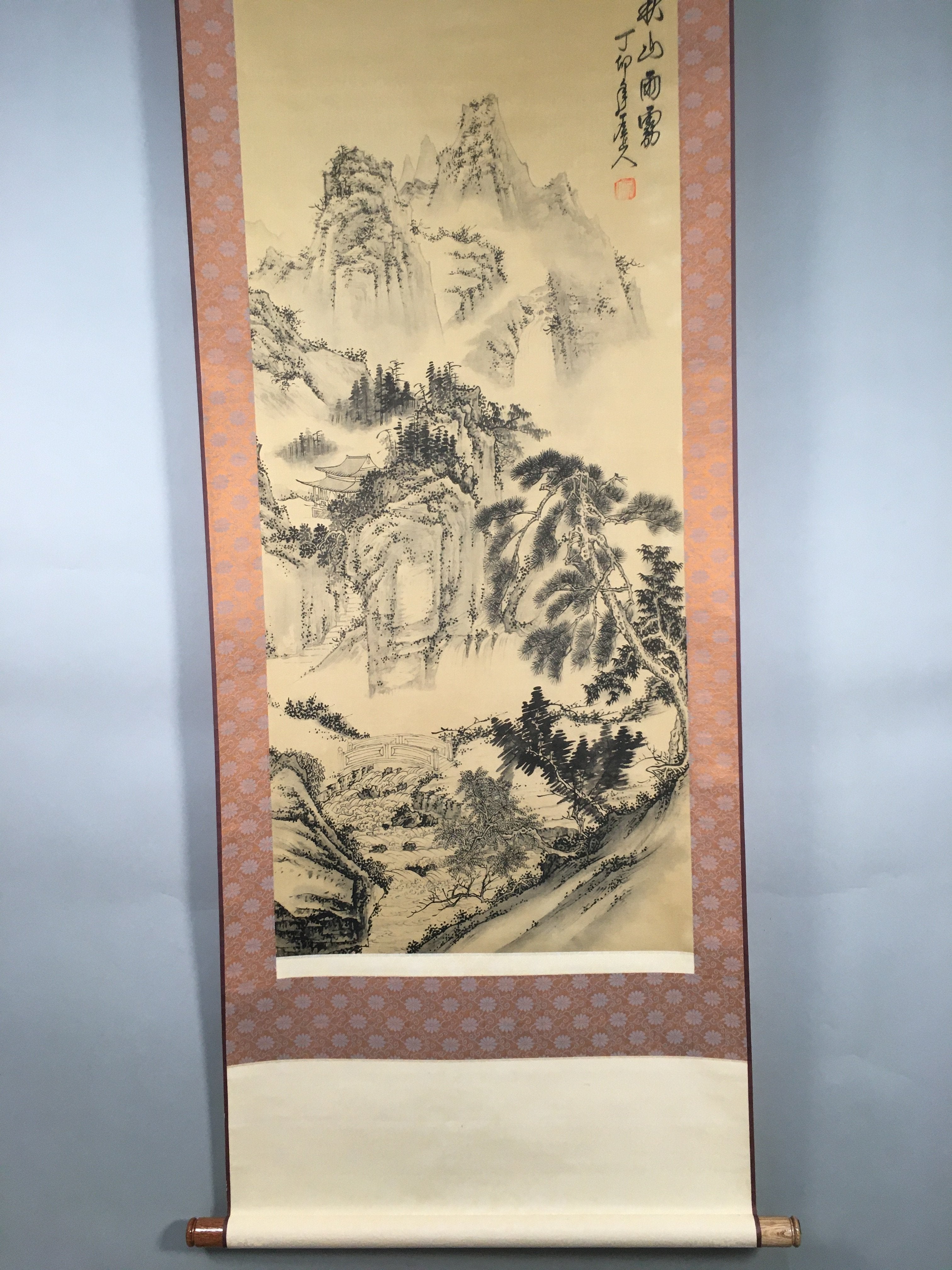 Japanese Hanging Scroll Vtg Kakejiku Kakemono Painting Mountain Black White SC58