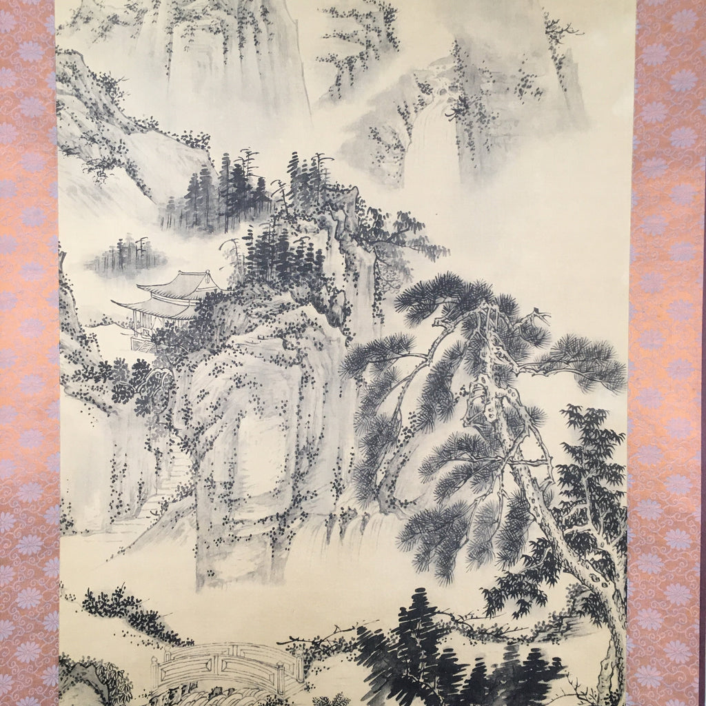 Japanese Hanging Scroll Vtg Kakejiku Kakemono Painting Mountain Black White SC58