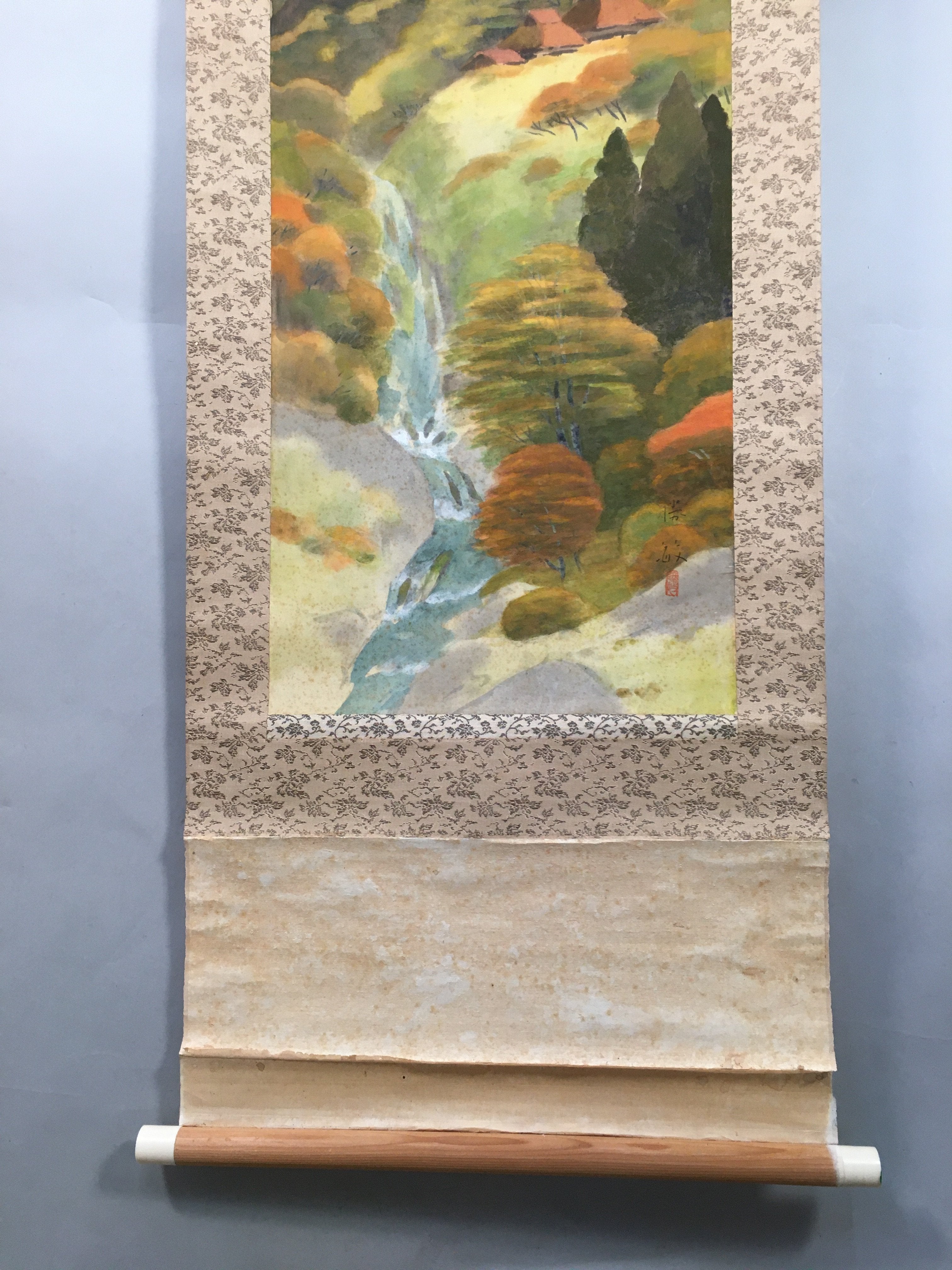 Japanese Hanging Scroll Vtg Kakejiku Kakemono Painting Mountain River SC571