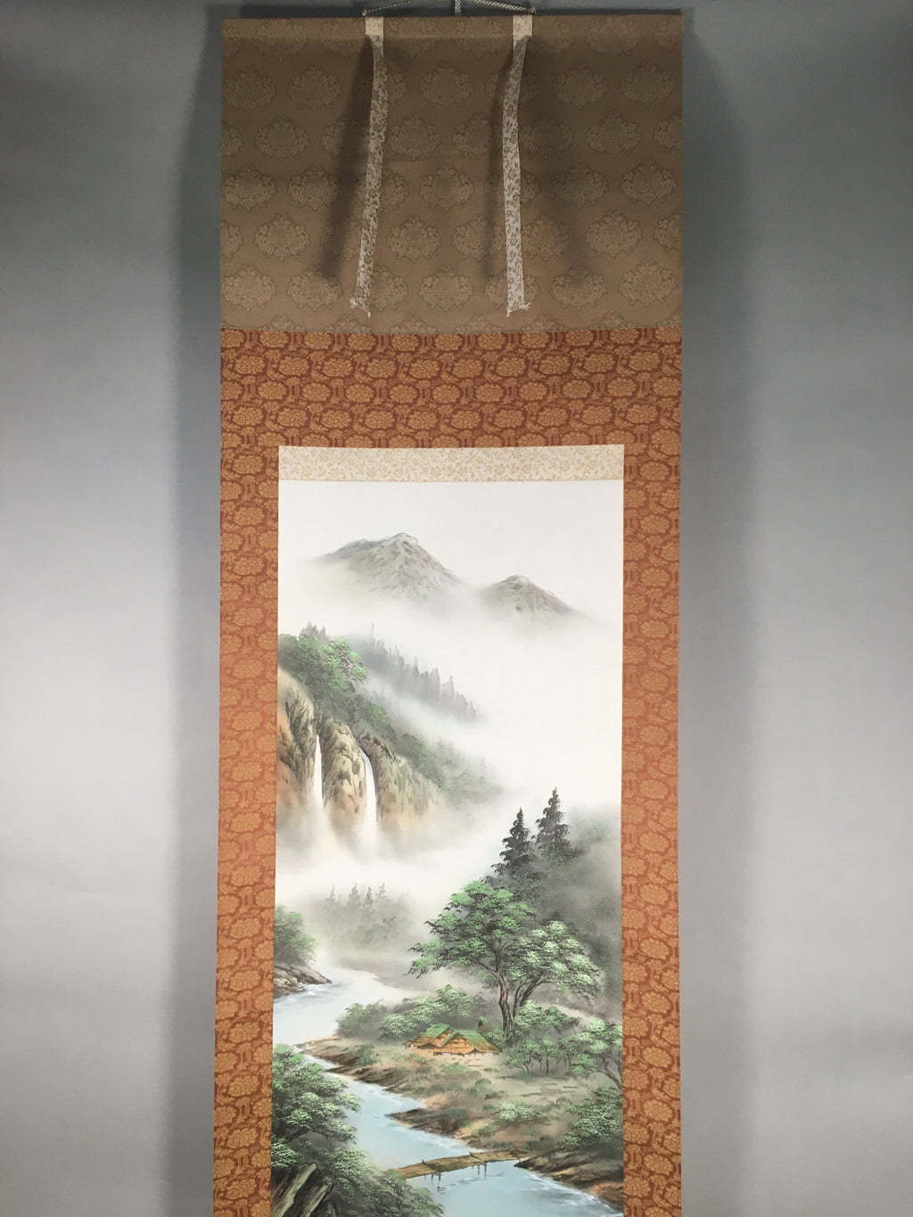 Japanese Hanging Scroll Vtg Kakejiku Kakemono Painting Mountain River SC574