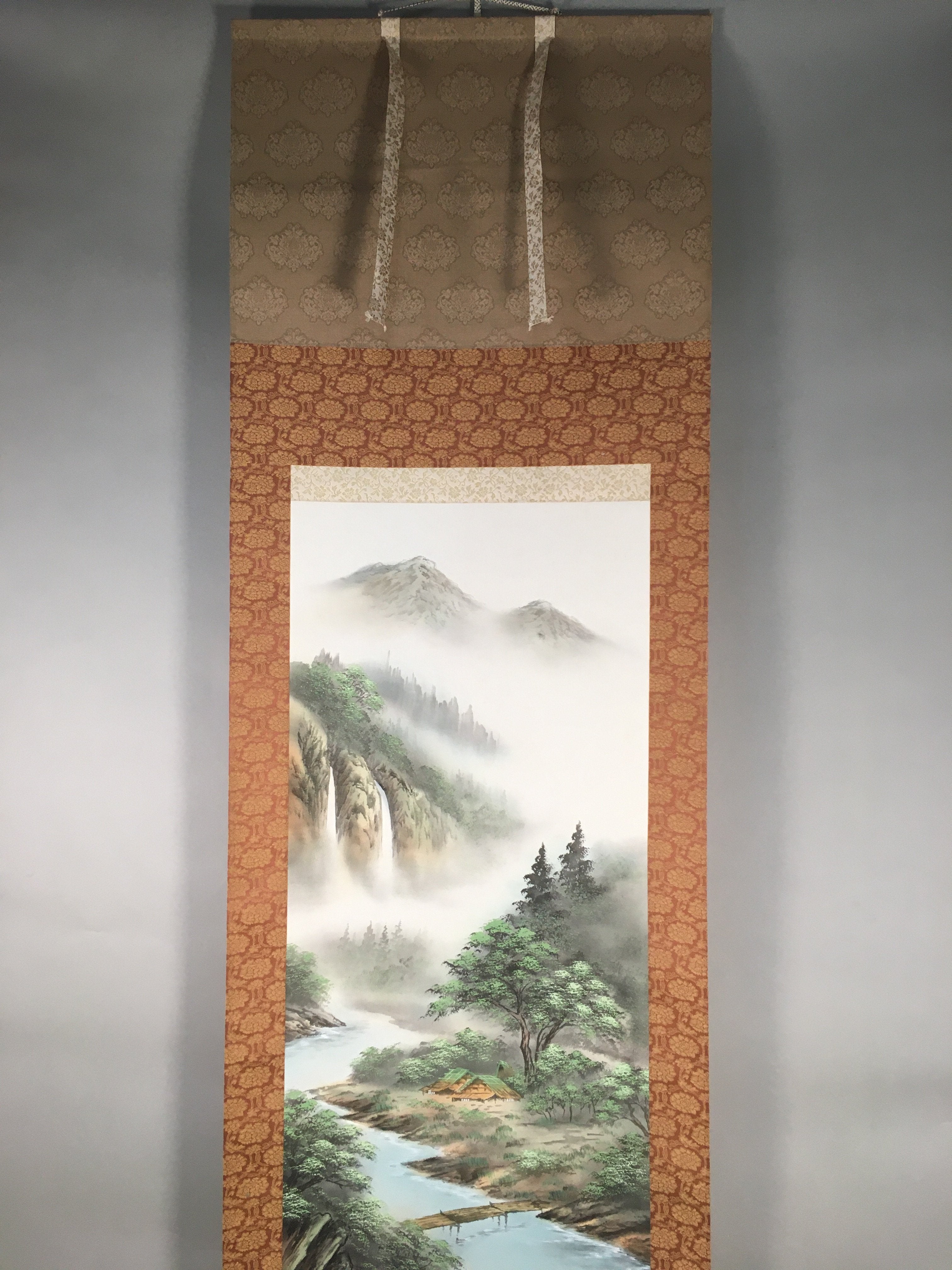 Japanese Hanging Scroll Vtg Kakejiku Kakemono Painting Mountain River SC574