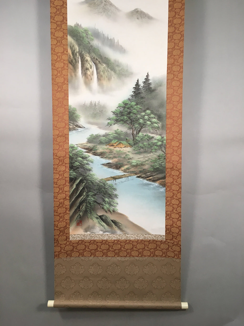 Japanese Hanging Scroll Vtg Kakejiku Kakemono Painting Mountain River SC574