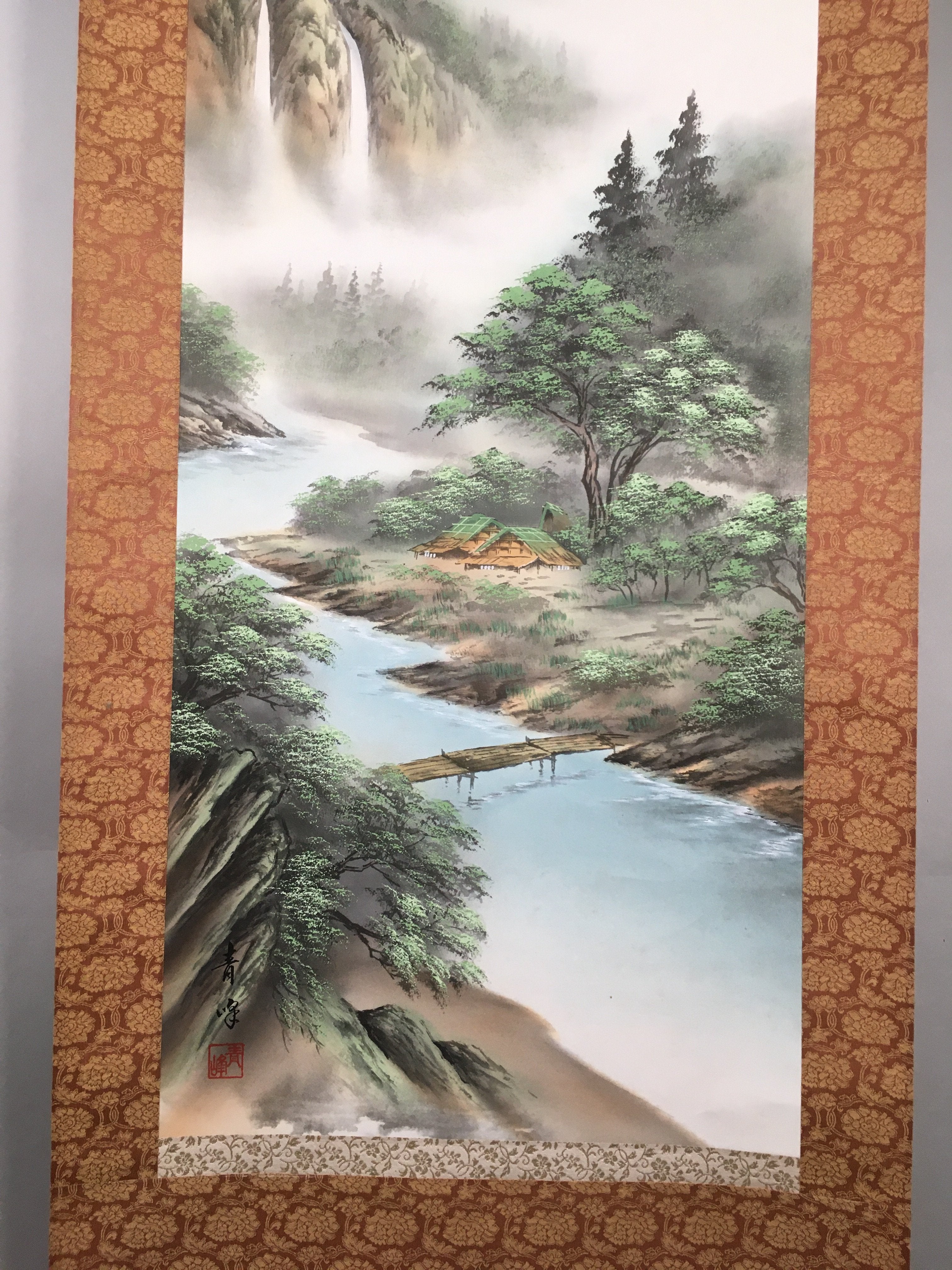 Japanese Hanging Scroll Vtg Kakejiku Kakemono Painting Mountain River SC574
