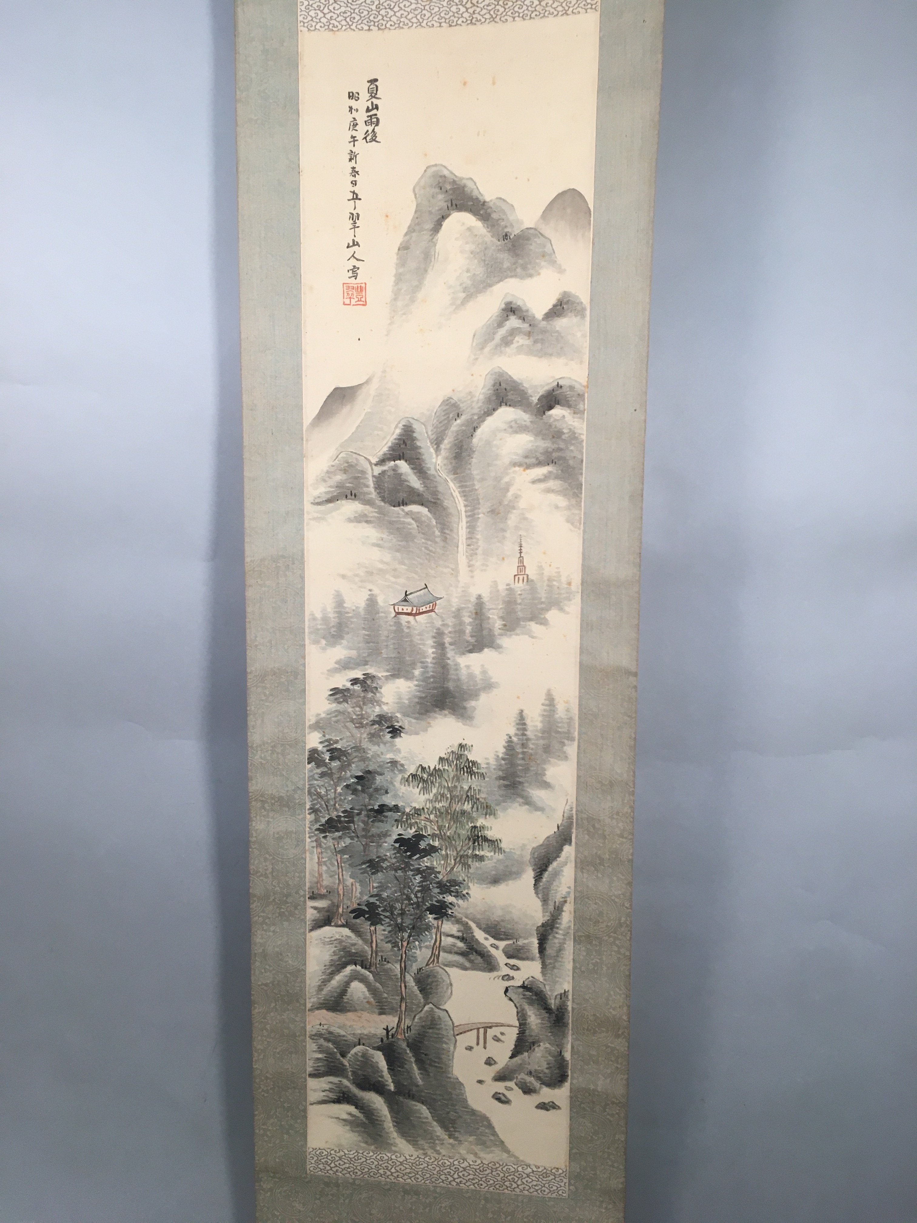 Japanese Hanging Scroll Vtg Kakejiku Kakemono Painting Mountain River SC583
