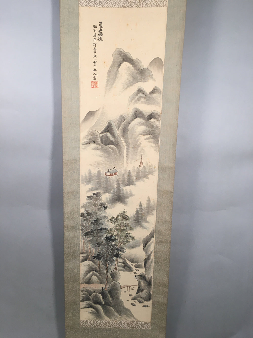 Japanese Hanging Scroll Vtg Kakejiku Kakemono Painting Mountain River SC583