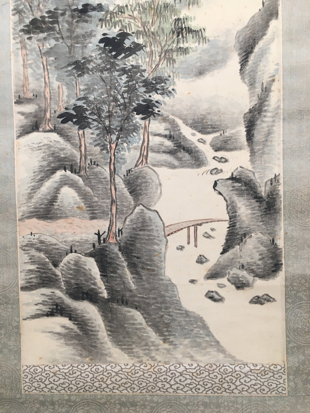 Japanese Hanging Scroll Vtg Kakejiku Kakemono Painting Mountain River SC583