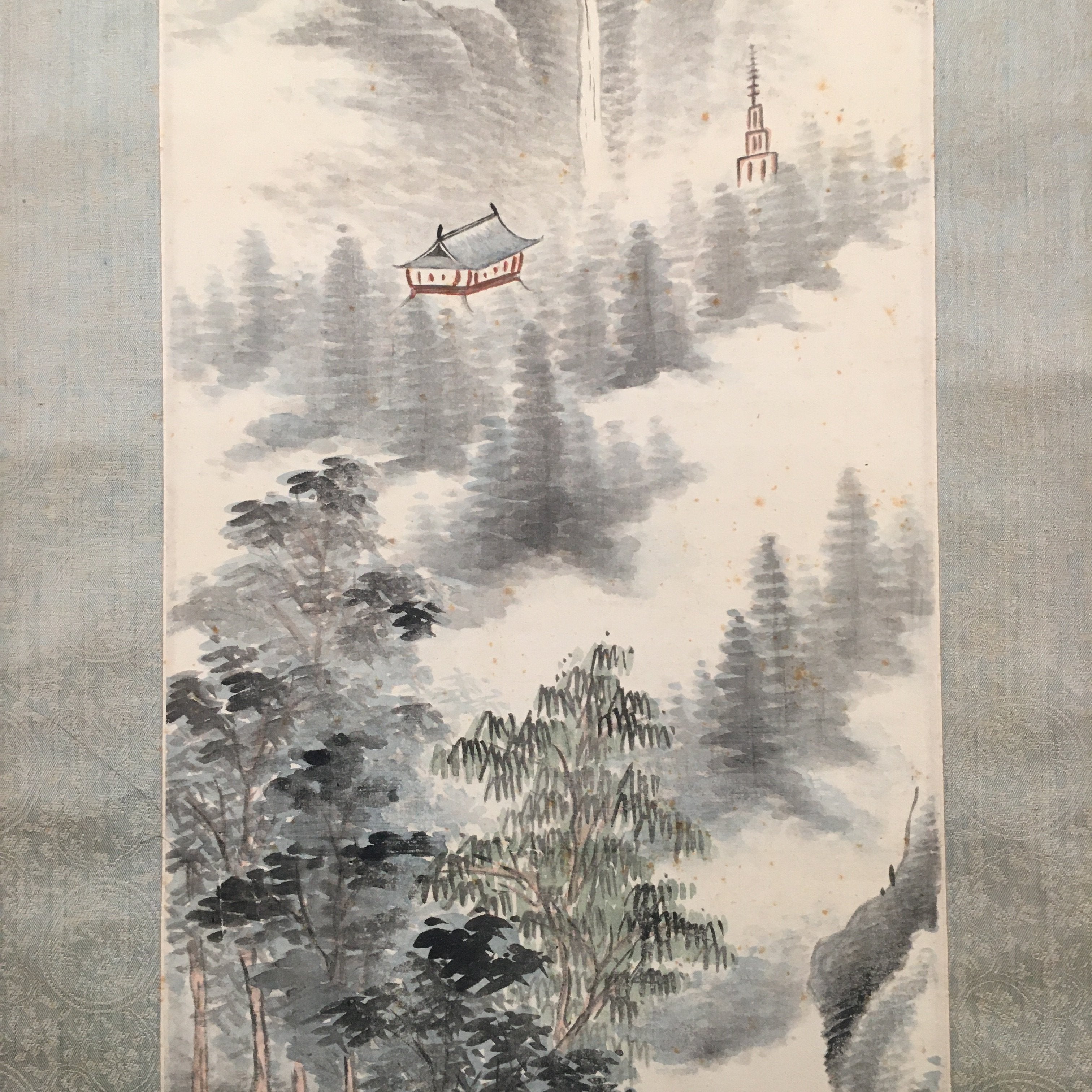 Japanese Hanging Scroll Vtg Kakejiku Kakemono Painting Mountain